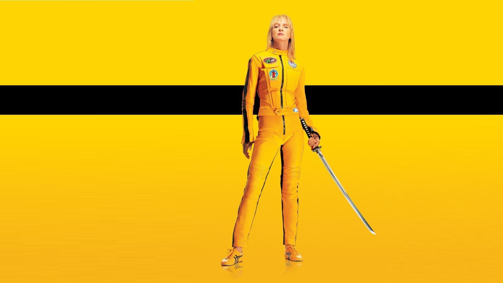 La Sposa, Uma Thurman, Kill Bill, Tuta gialla, Katana, Full HD, sfondo desktop