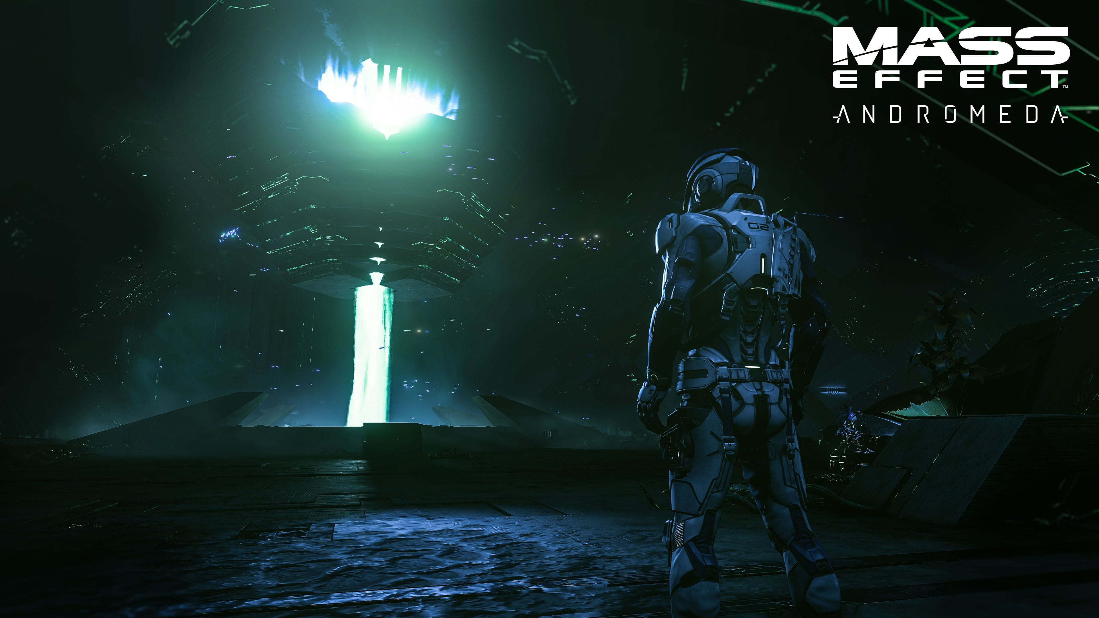 Mass Effect: Andromeda, Ryder, Struttura Remnant, Luce verde, Logo, sfondo desktop 4K