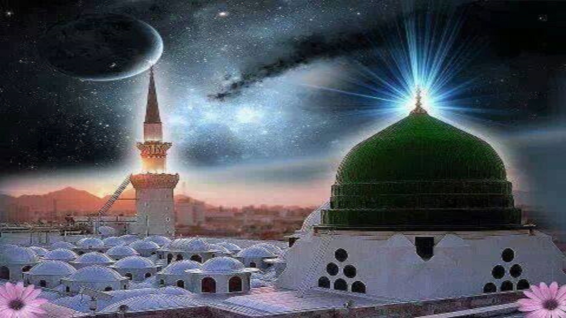 Moschea del Profeta, Cupola Verde, Medina, Notte stellata, 1920x1080, immagine di sfondo