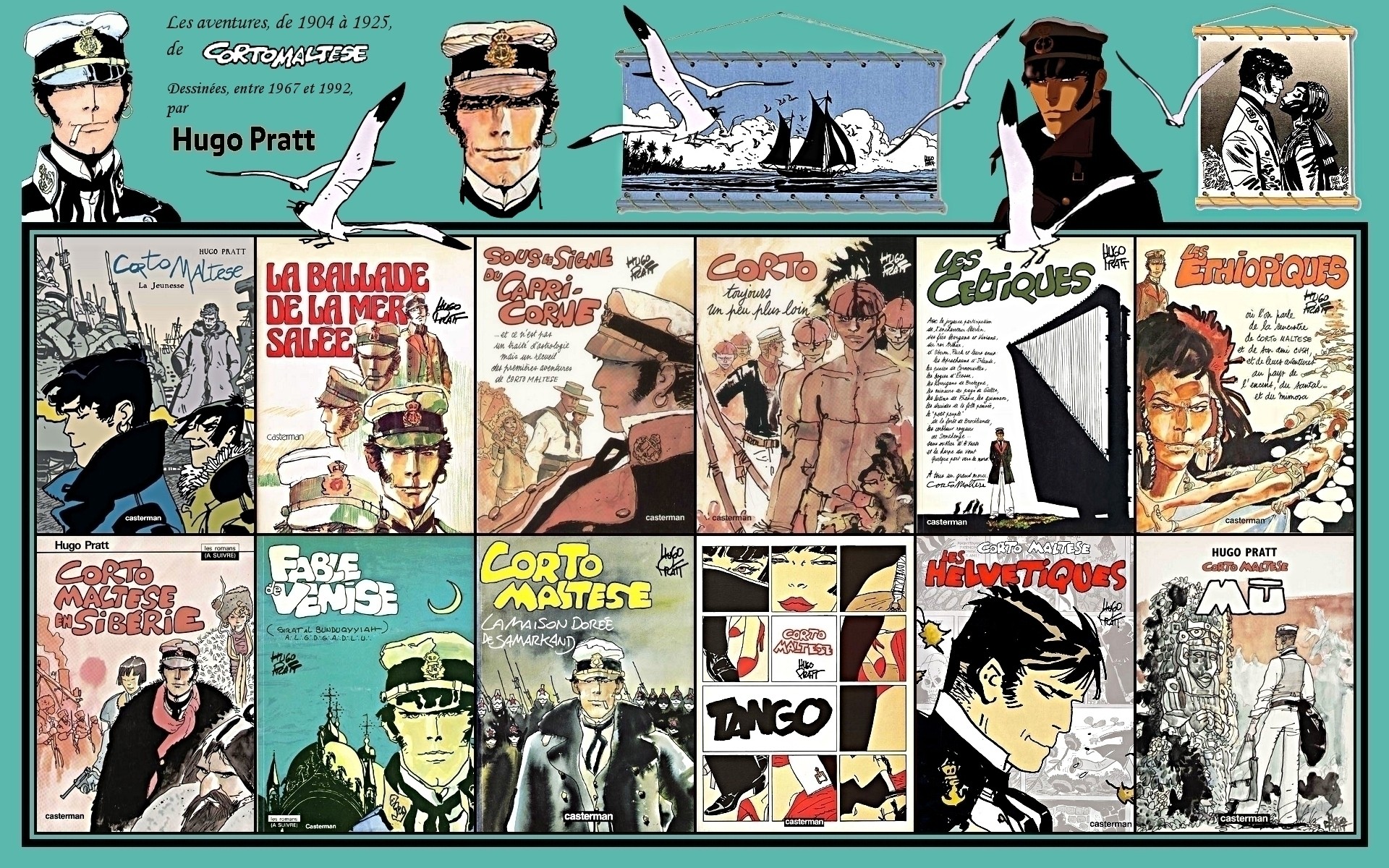 Corto Maltese, Hugo Pratt, Copertine, Fumetto, Collage, 1920x1200, sfondo per PC