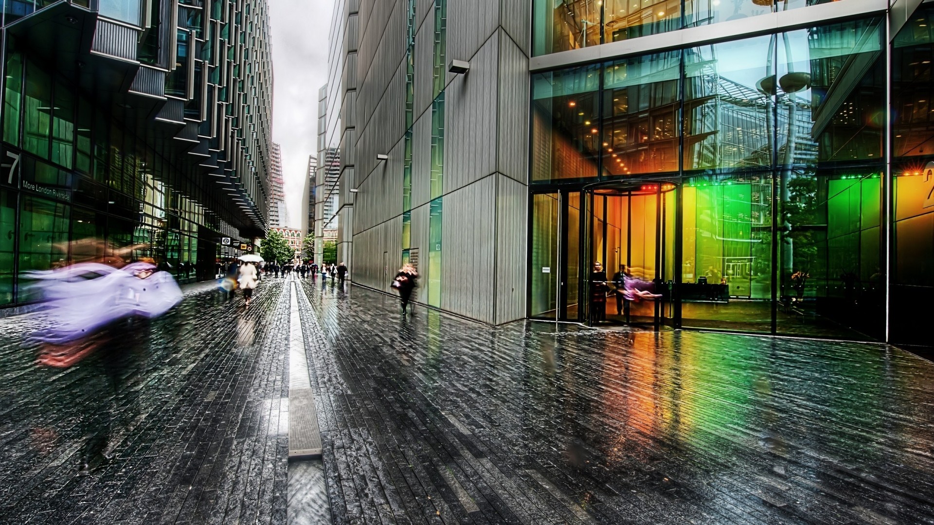 Londra, Strada bagnata, Architettura moderna, Pioggia, 16:9 Full HD, sfondo widescreen