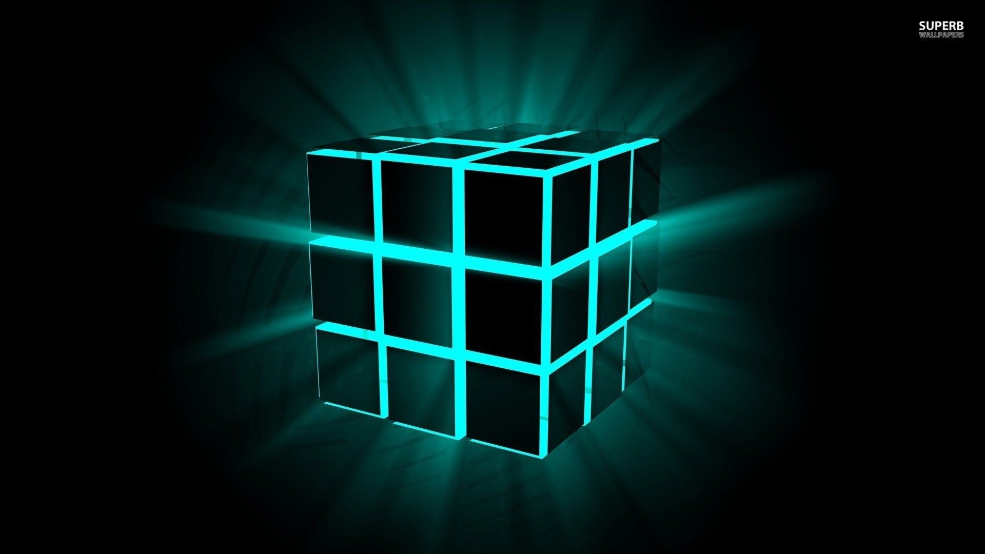 Cubo luminoso, Azzurro, Rendering 3D, 1920x1080, sfondo per PC