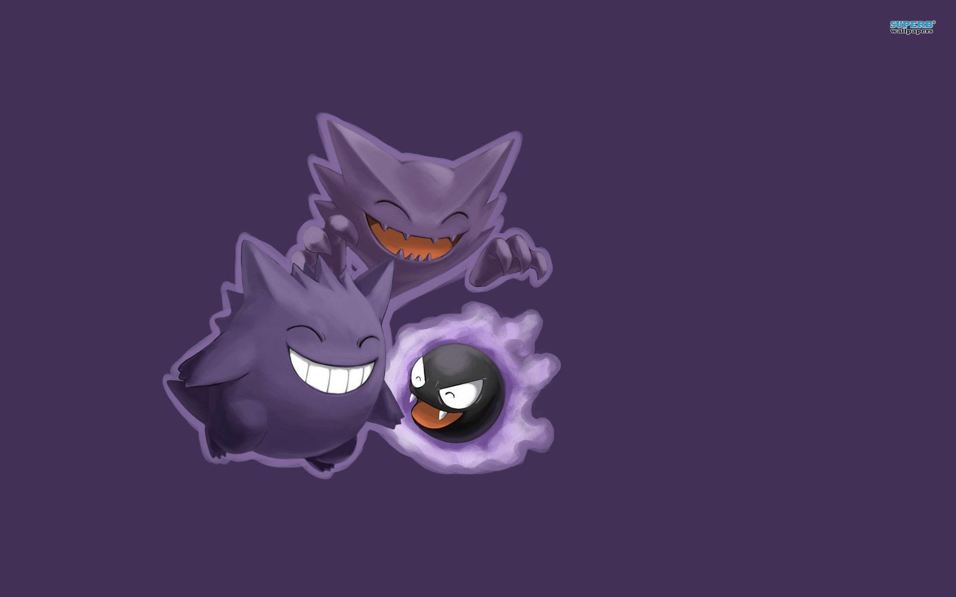 Gengar, Haunter, Gastly, Pokémon, Sfondo viola, Full HD, wallpaper desktop