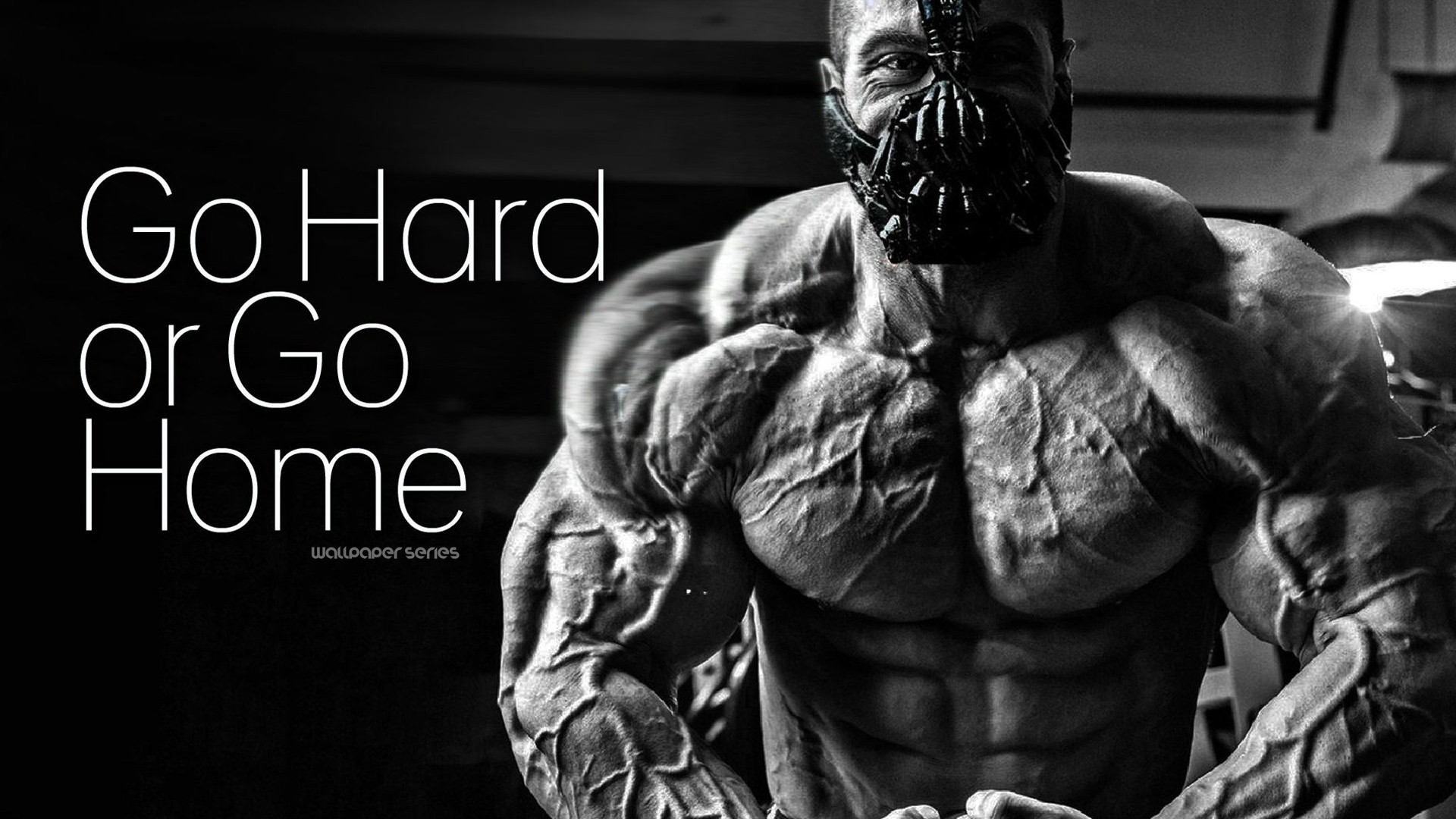 Go Hard or Go Home, Bodybuilder, Maschera, Citazione motivazionale, Bianco e nero, sfondo 1080p