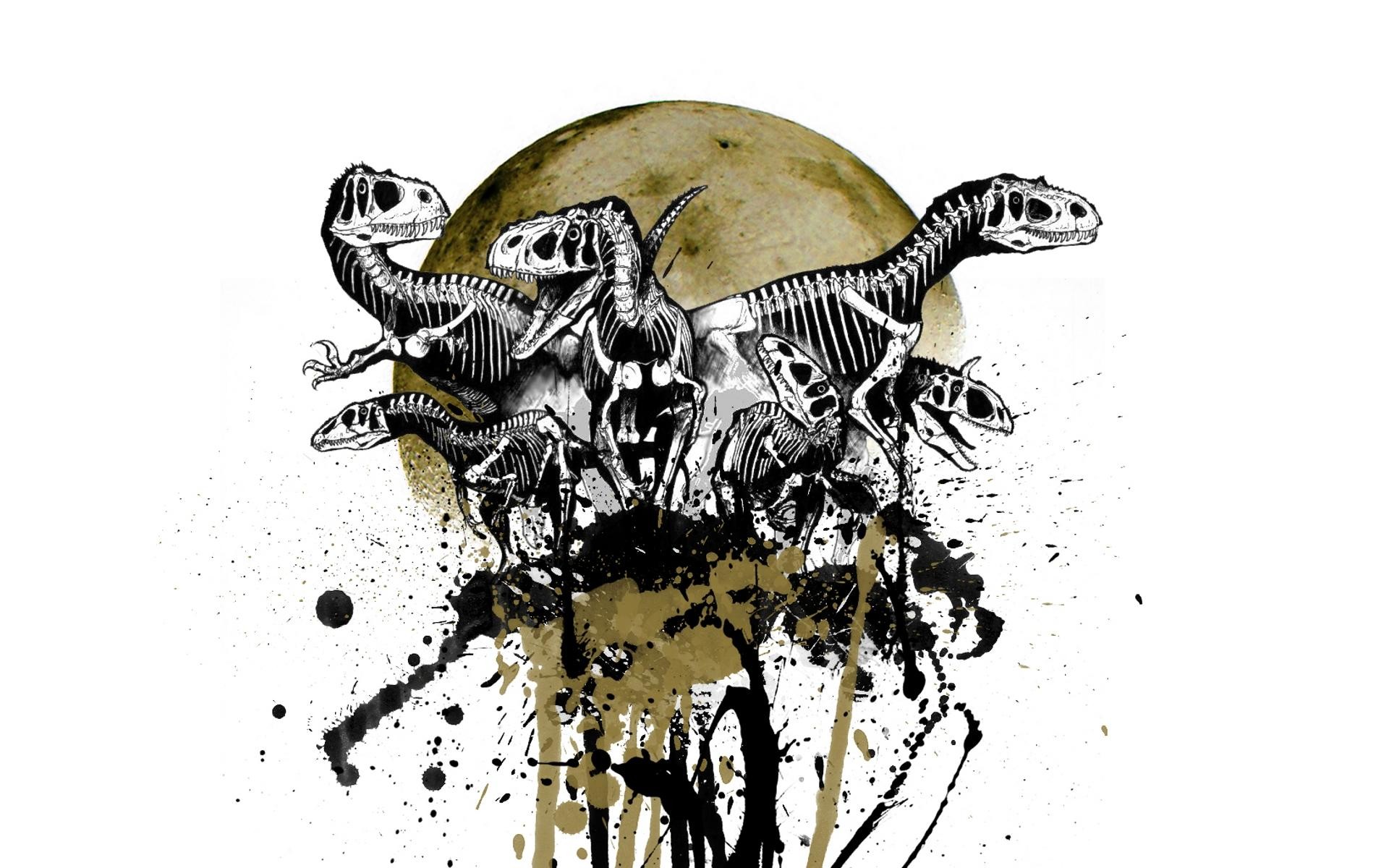 Dinosauri, Scheletri, Luna, Schizzi d'inchiostro, 16:10 Full HD, sfondo widescreen