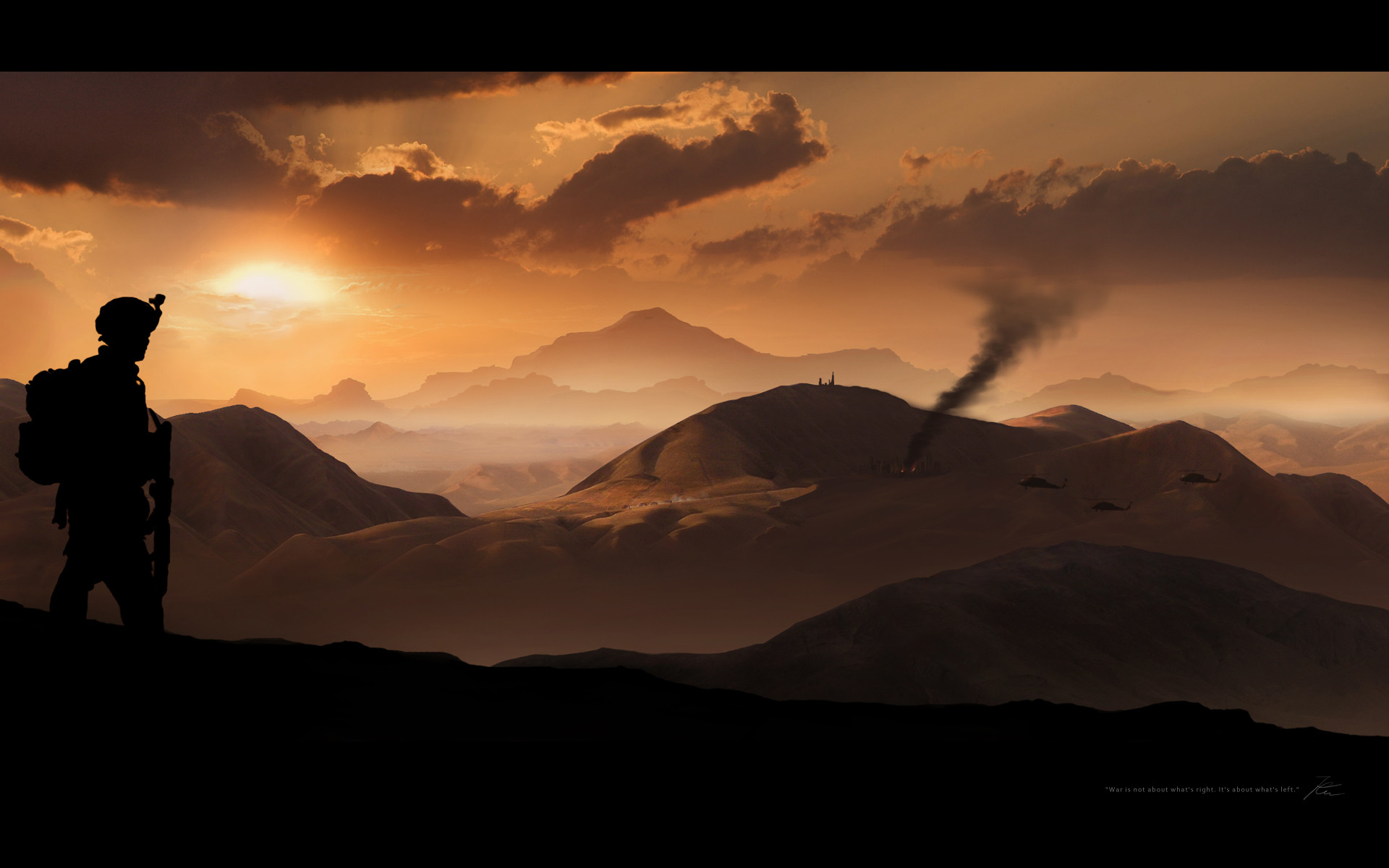 Soldato, Silhouette, Montagne, Tramonto, Fumo, Full HD, sfondo per PC