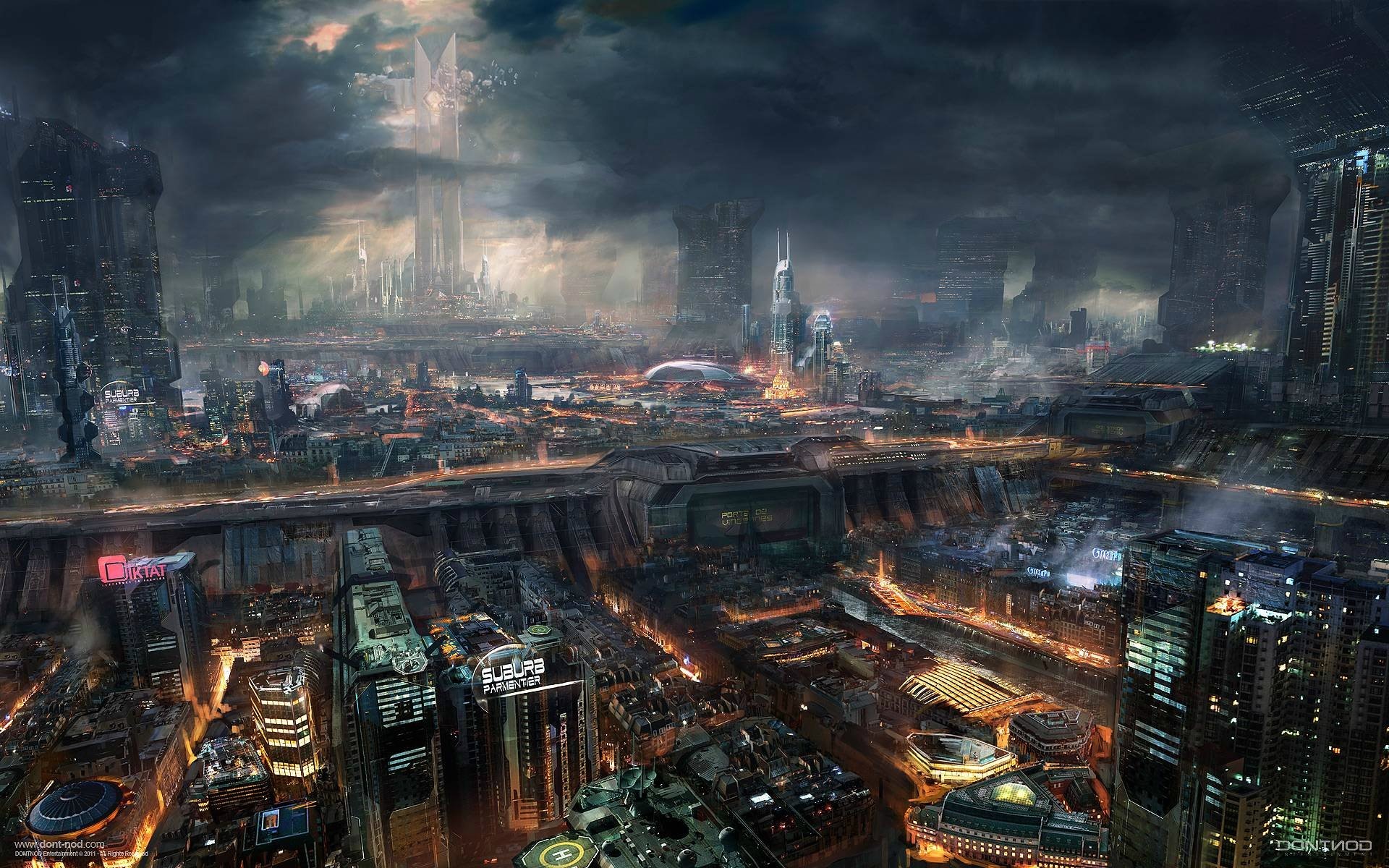 Città futuristica, Metropoli, Vista aerea, Cielo nuvoloso, 16:10 Full HD, wallpaper widescreen