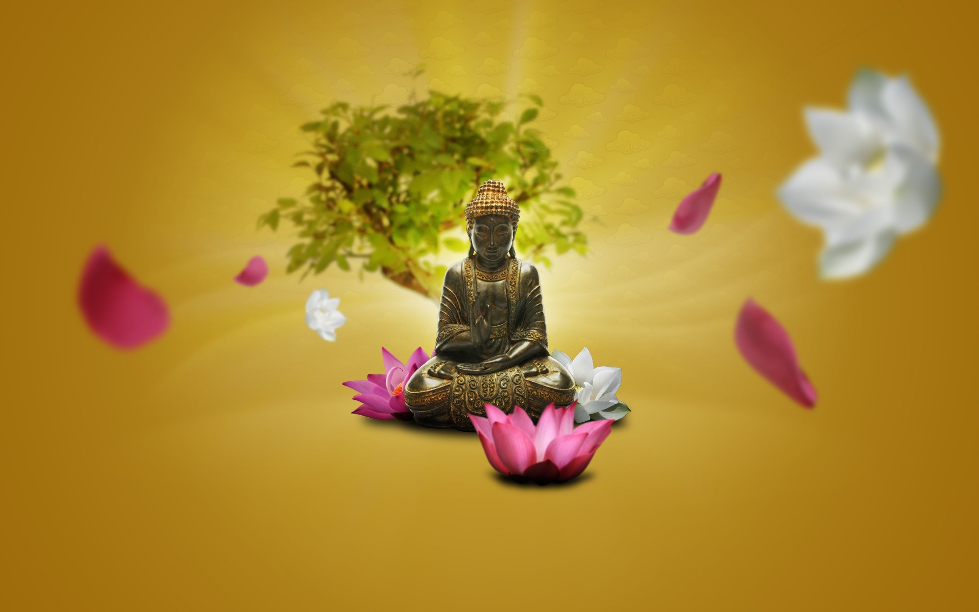 Statua del Buddha, Fior di loto, Petali, Sfondo dorato, Full HD, wallpaper per PC