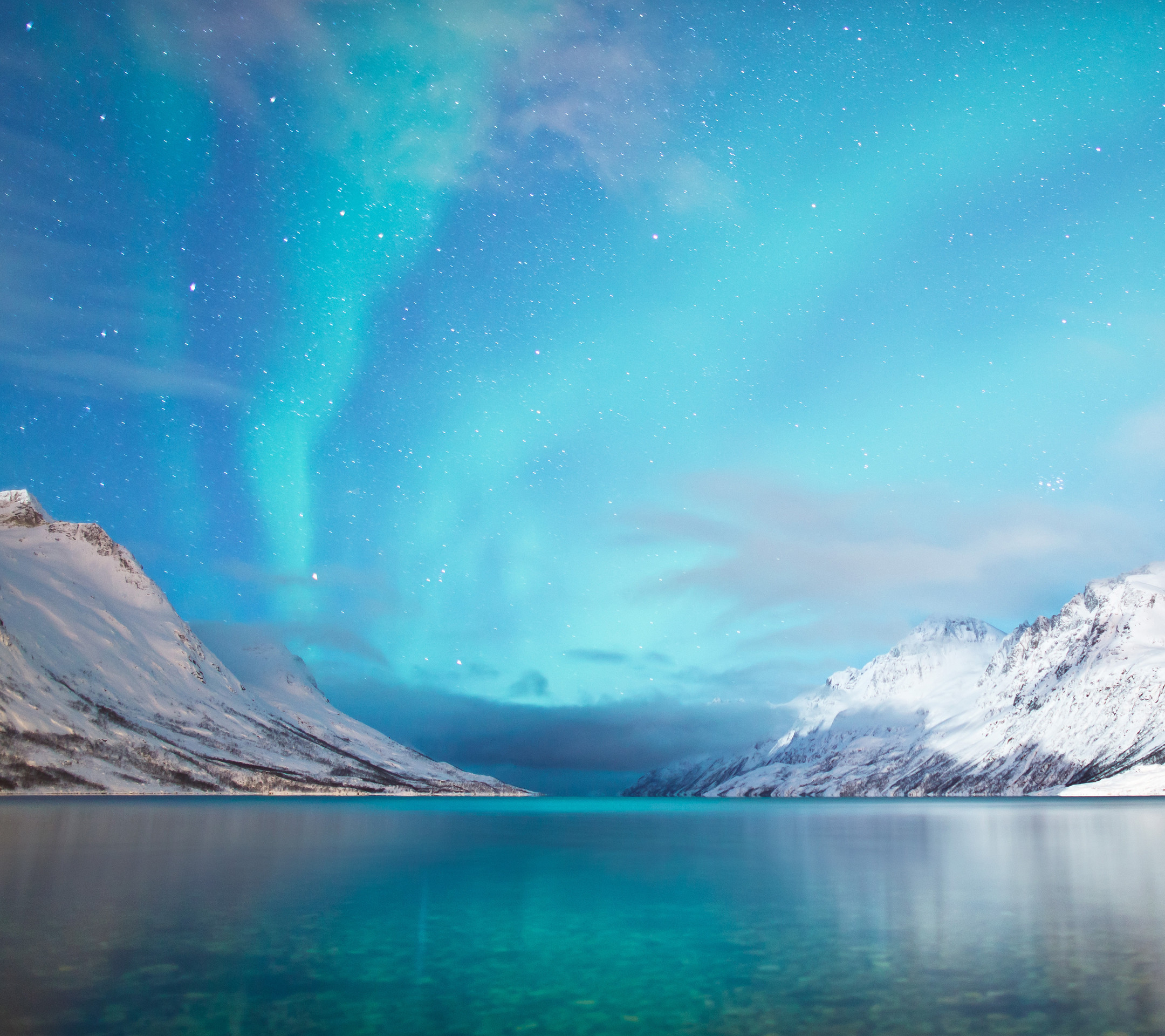 Aurora boreale, Fiordo, Neve, Turchese, Full HD, schermata di blocco iPad