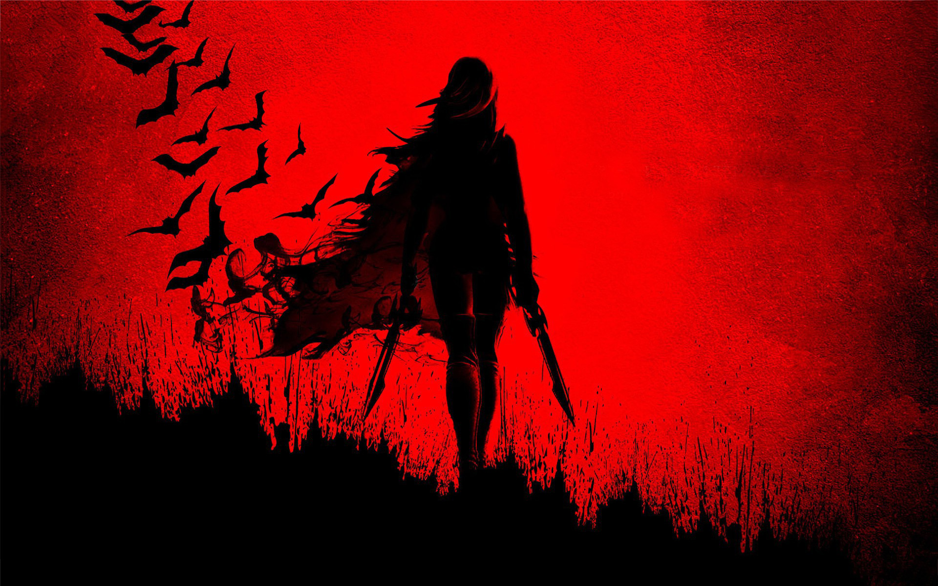 Silhouette, Spada, Pipistrelli, Cielo rosso, Mantello, Arte anime, sfondo per portatile