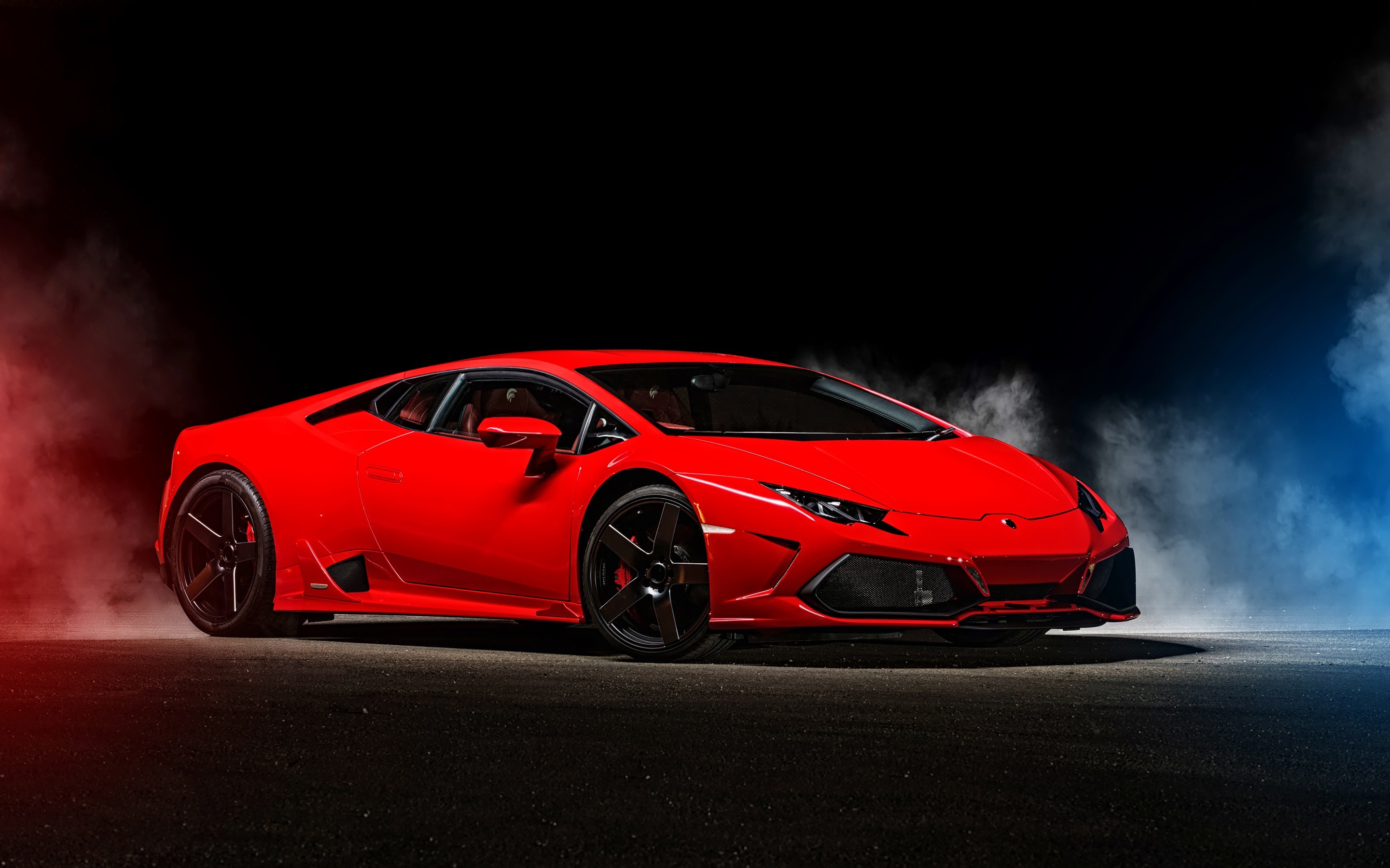Lamborghini Huracán, Rosso, Fumo, Sfondo nero, 2K, wallpaper per PC
