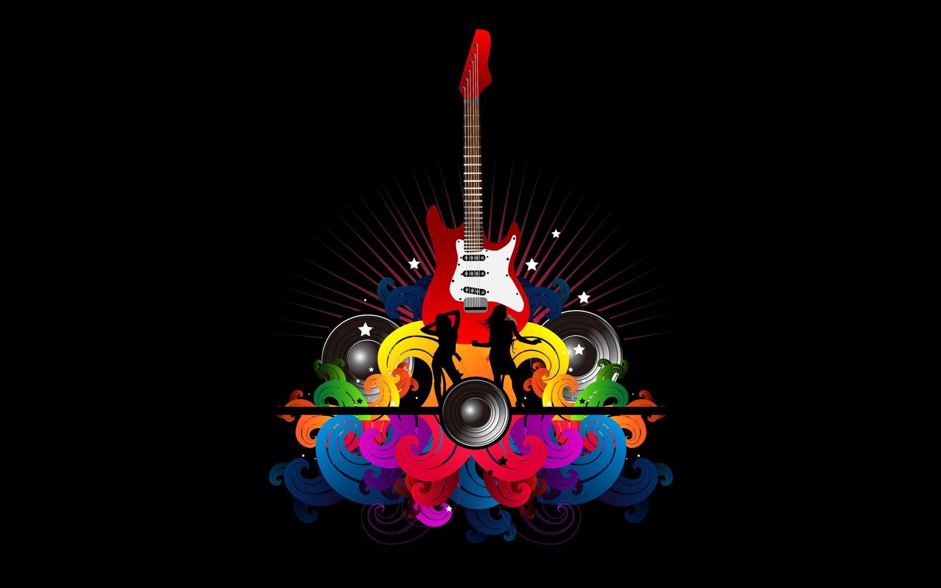 Chitarra elettrica, Grafica colorata, Casse, Sfondo nero, Full HD, wallpaper desktop