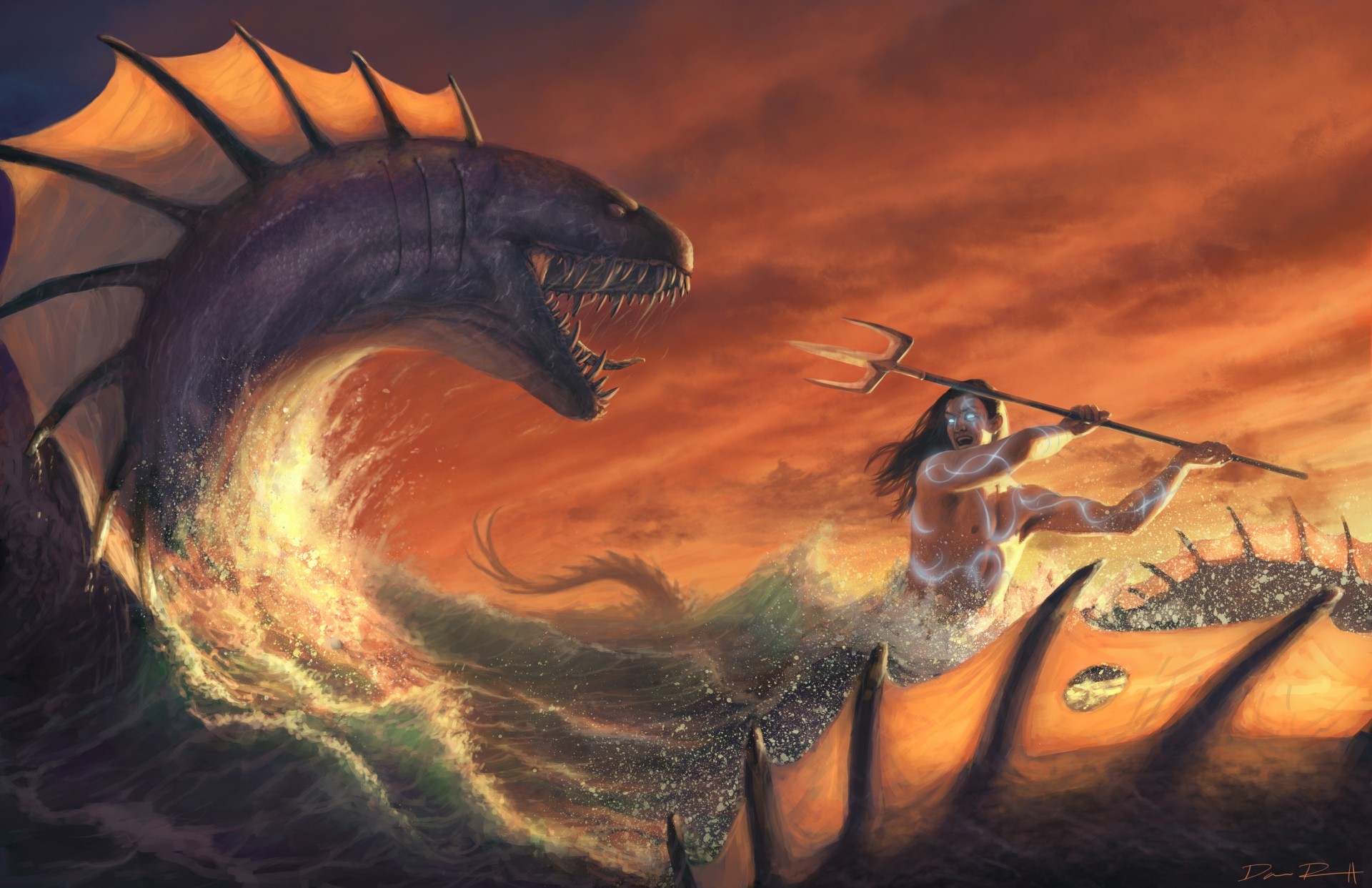 Serpente marino, Tritone, Tridente, Onda, Arte fantasy, Full HD, wallpaper per PC