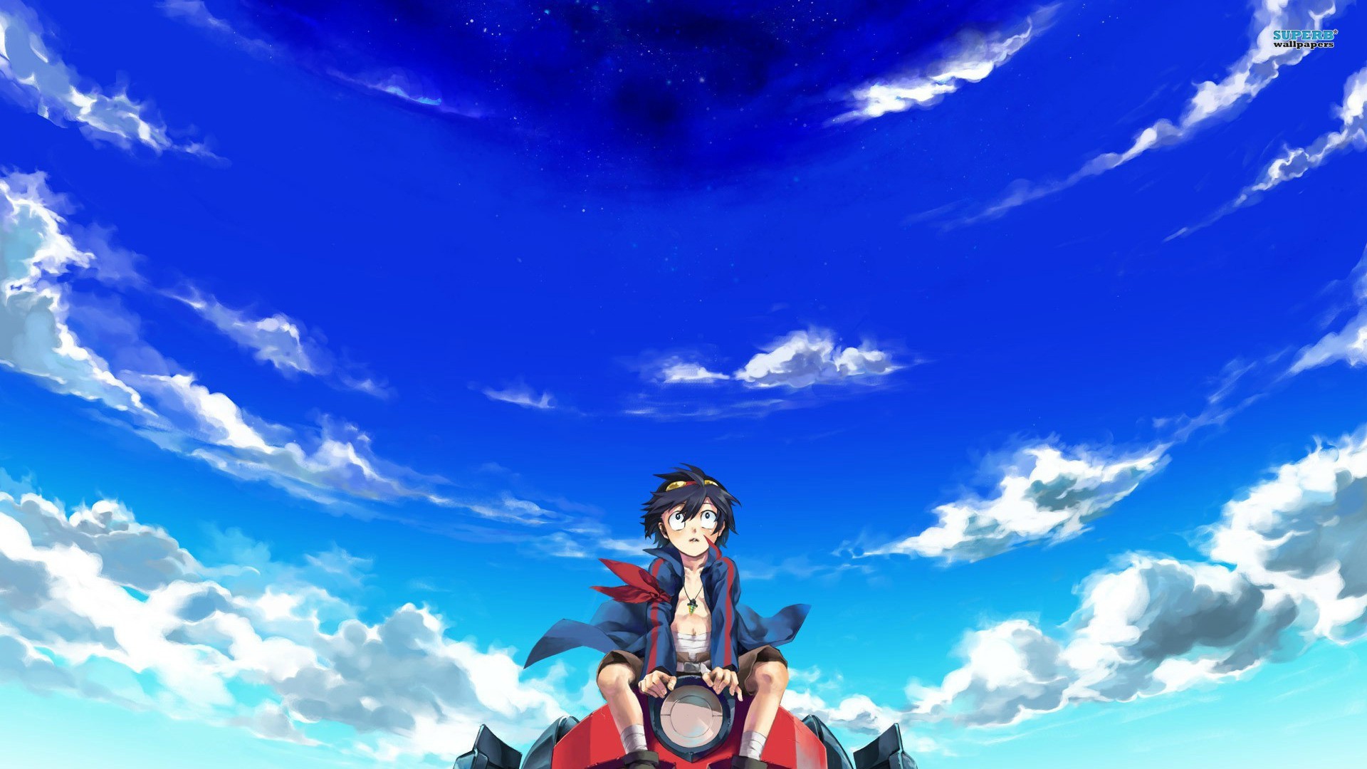 Simon, Lagann, Gurren Lagann, Cielo azzurro, Nuvole, Full HD, sfondo desktop