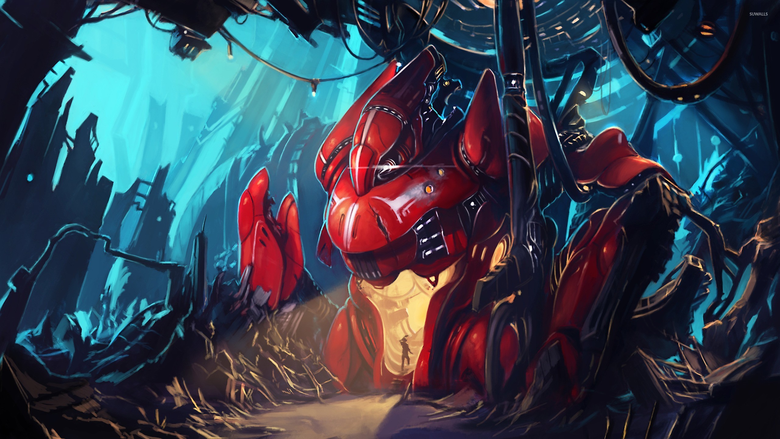 Robot rosso, Foresta, Illustrazione, Turchese, 2560x1440, sfondo per PC