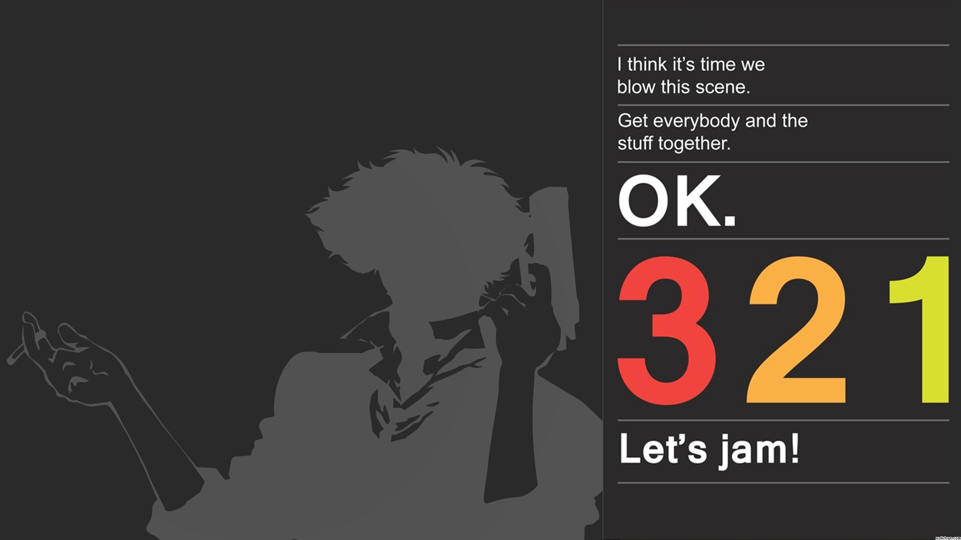 Spike Spiegel, Cowboy Bebop, Let's Jam, Citazione, Grigio, Full HD, sfondo per PC e portatile