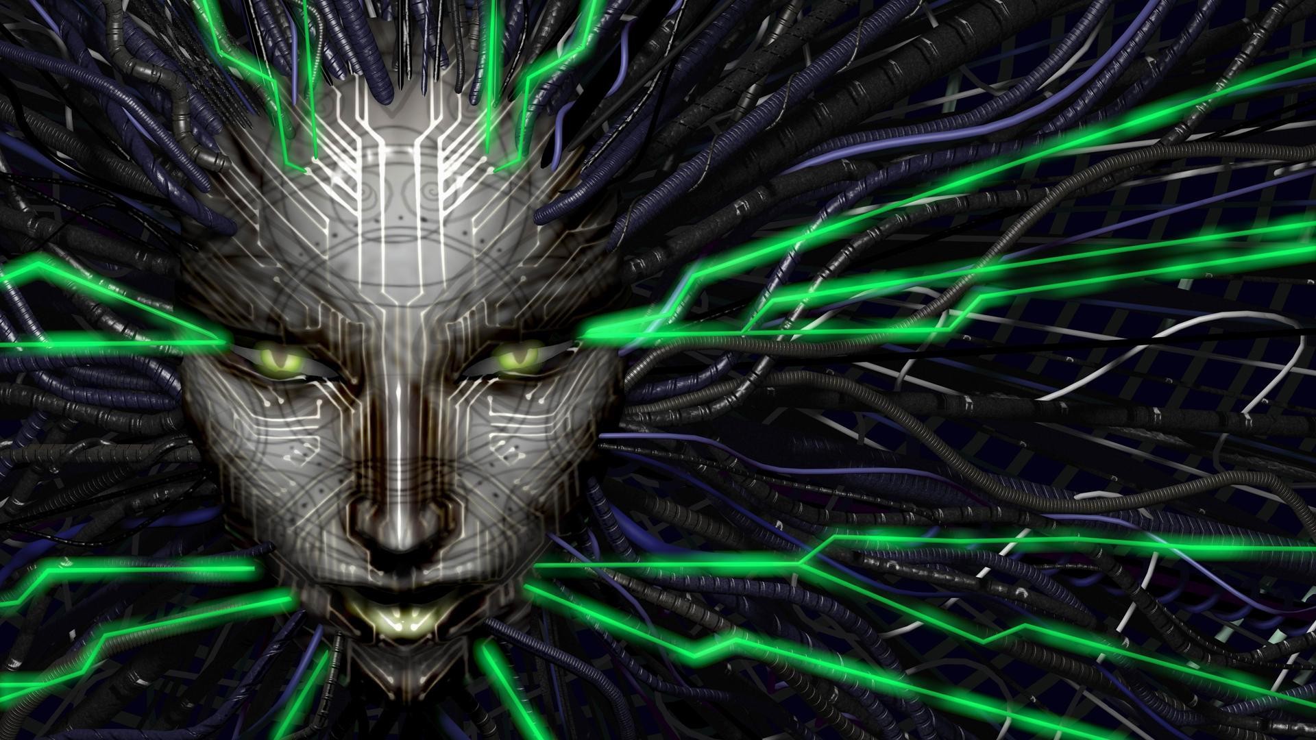 SHODAN, System Shock, Volto cibernetico, Cavi verdi, 16:9 Full HD, sfondo widescreen