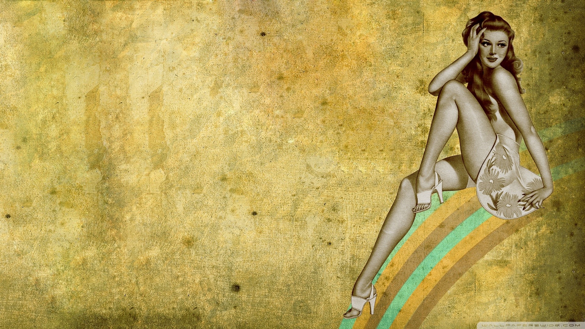 Pin-up, Sfondo grunge, Arcobaleno, Stile vintage, 16:9 Full HD, wallpaper widescreen