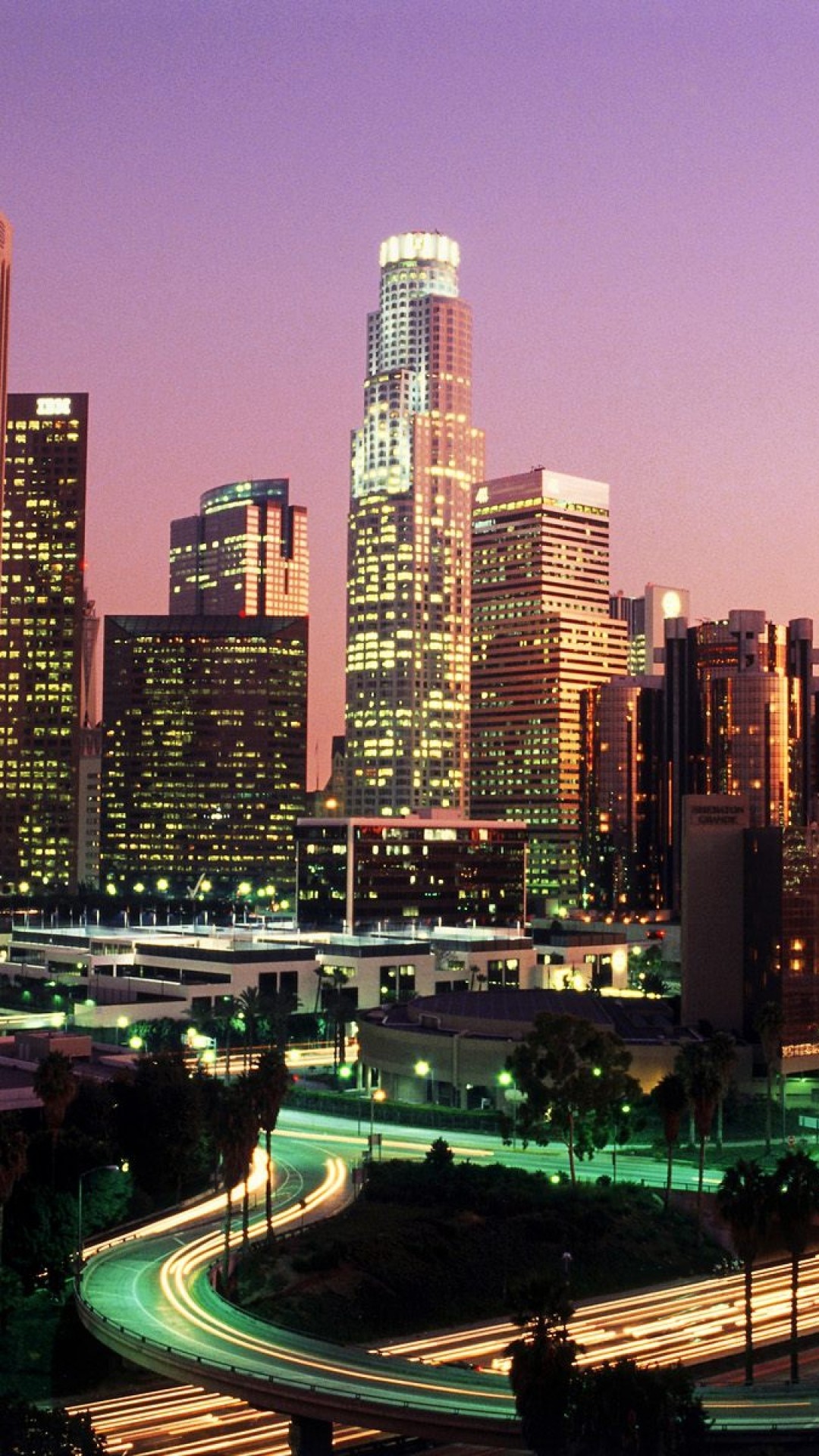 Downtown Los Angeles, U.S. Bank Tower, Crepuscolo, Autostrada, sfondo per iPhone e Android