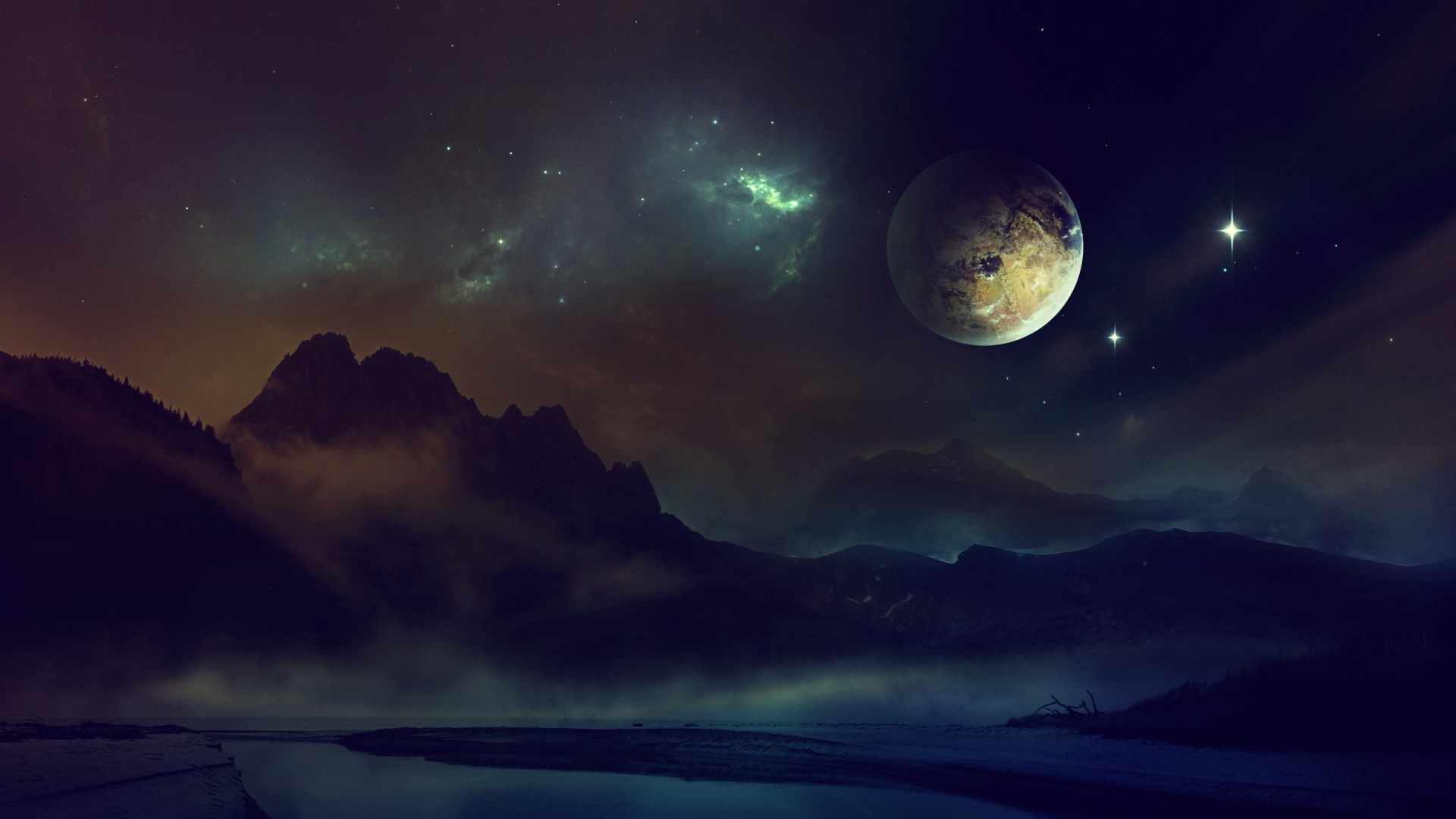 Pianeta, Montagne, Aurora, Arte digitale, Full HD, wallpaper per PC