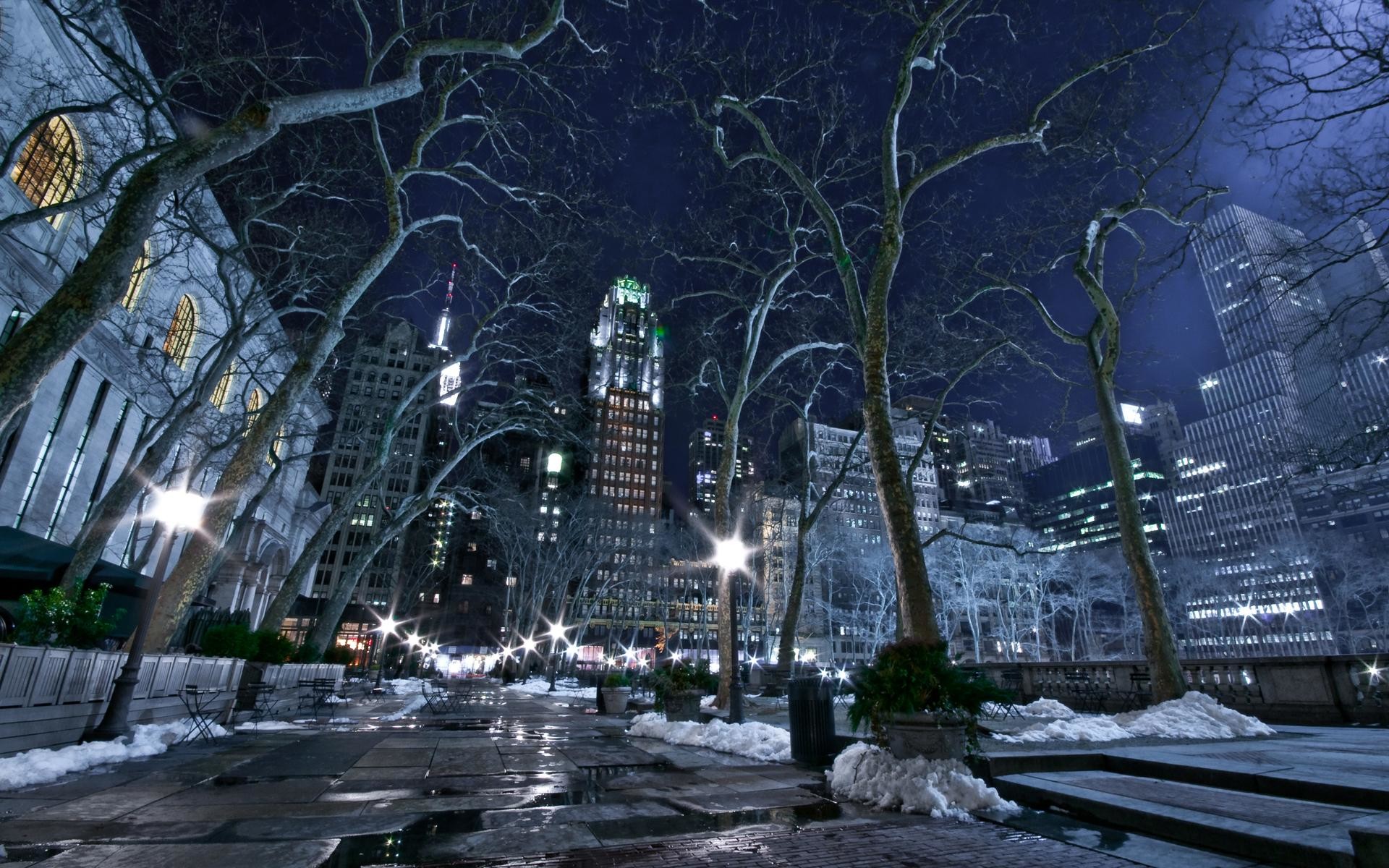 Bryant Park, New York, Inverno, Notte, Alberi spogli, 16:10 Full HD, sfondo widescreen