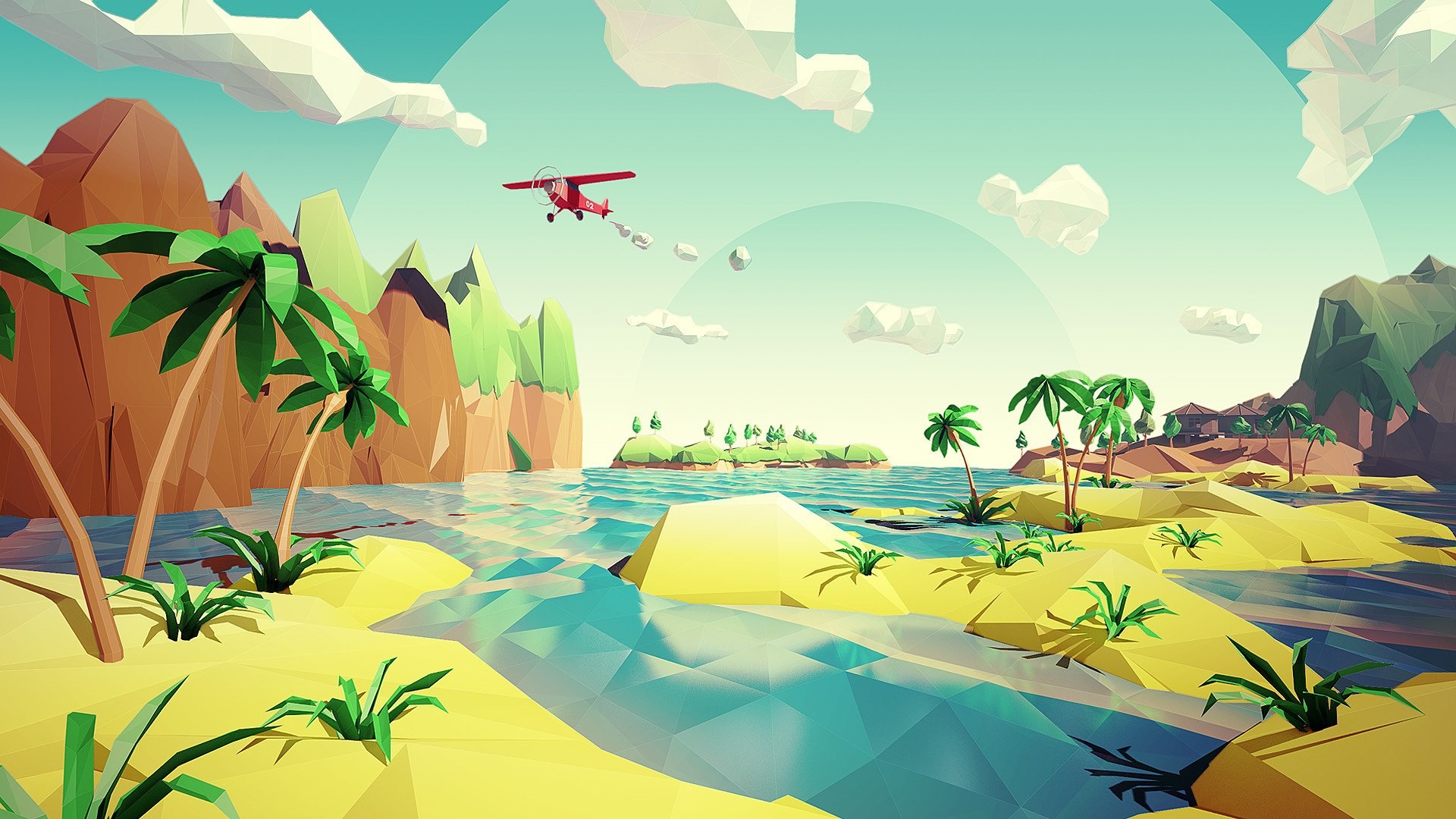 Low poly, Isola tropicale, Aereo, Palme, Mare, Full HD, sfondo desktop
