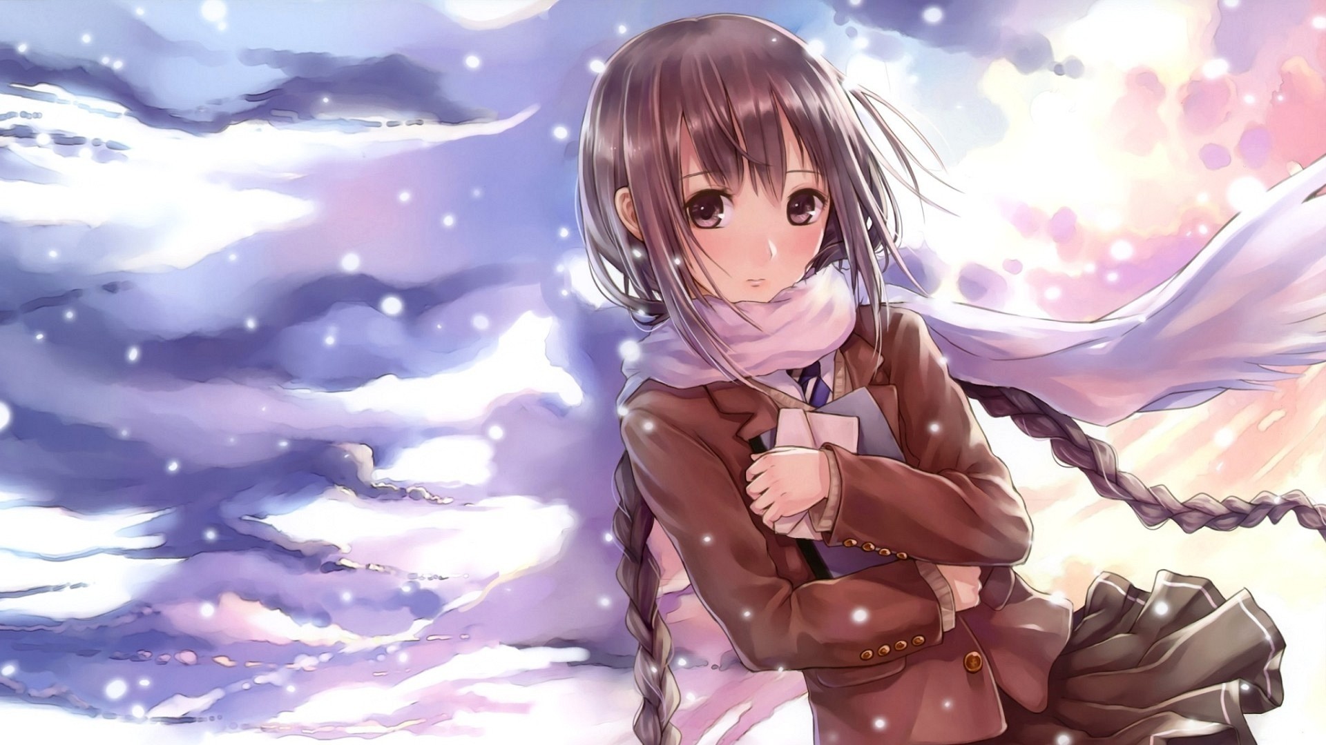 Ragazza anime, Neve, Sciarpa, Inverno, 16:9 Full HD, sfondo widescreen
