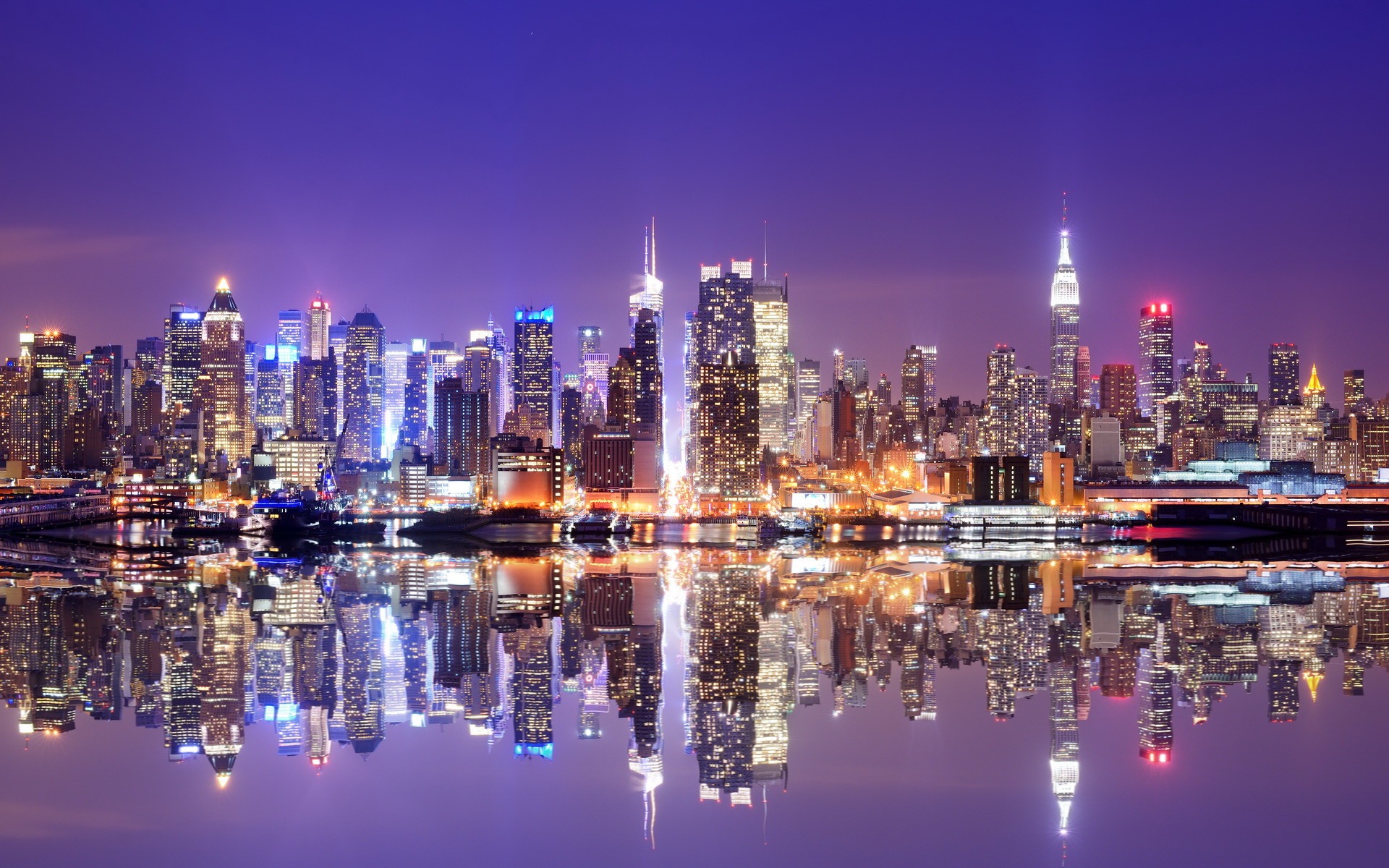 Skyline di Manhattan, Riflesso, Notte, Luci, 16:10 Full HD, sfondo widescreen