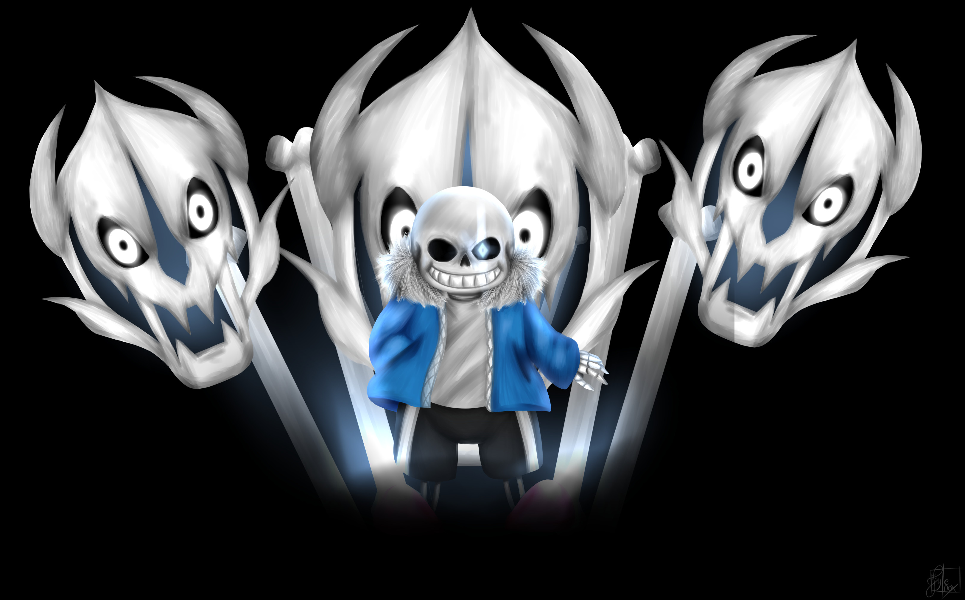 Sans, Undertale, Gaster Blaster, Sfondo nero, 2K, wallpaper per computer