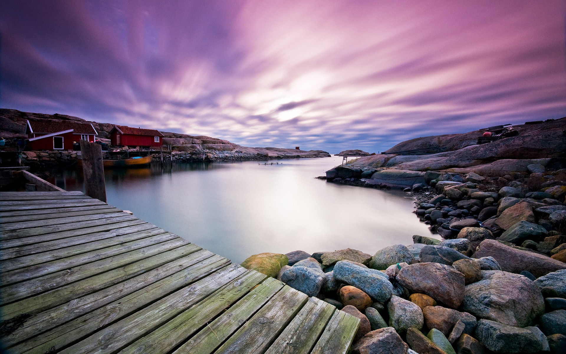 Pontile, Mare, Scogli, Lunga esposizione, Cielo viola, 16:10 Full HD, sfondo widescreen