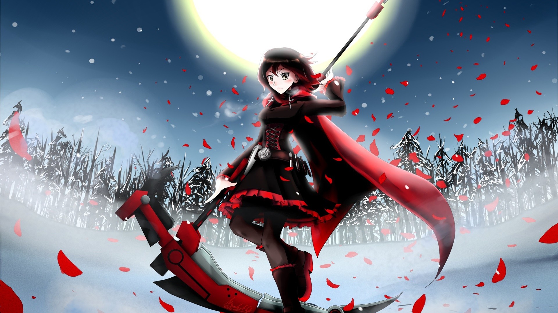 Ruby Rose, RWBY, Crescent Rose, Petali di rosa, Neve, 1920x1080, immagine di sfondo