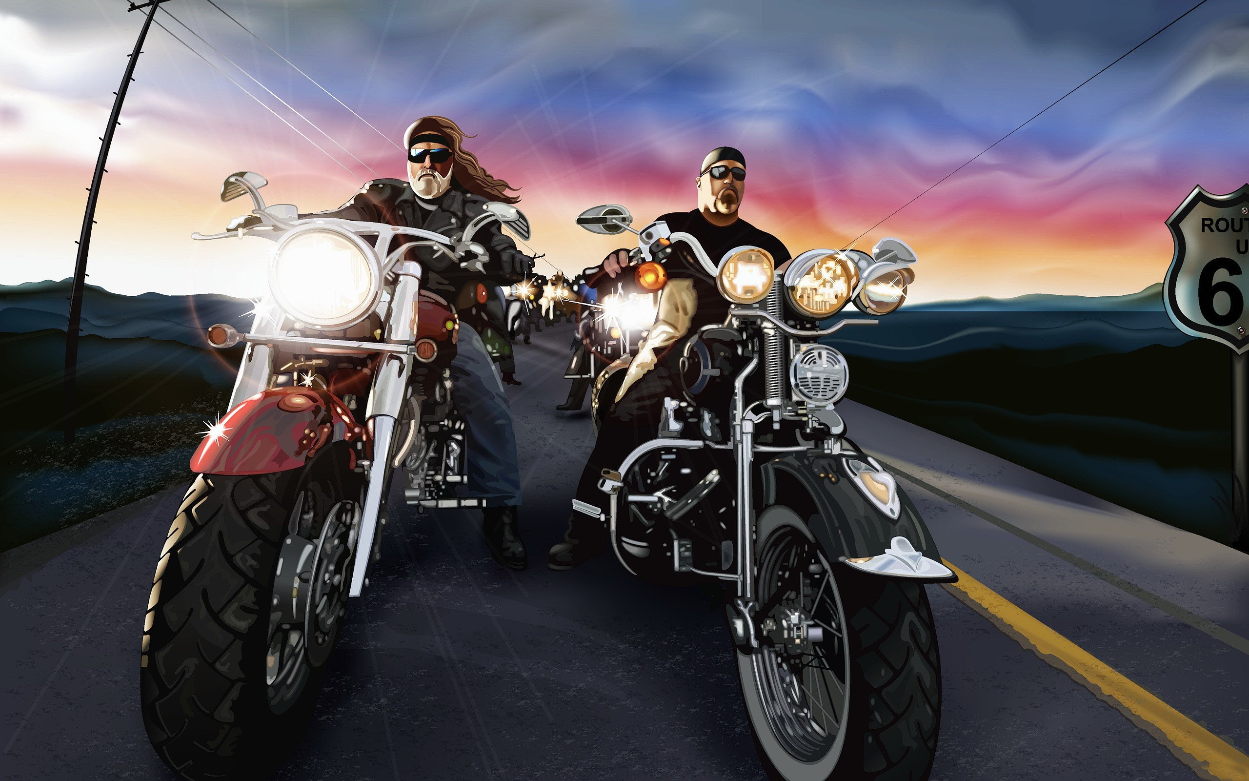 Route 66, Motociclisti, Harley-Davidson, Tramonto, 2560x1600, sfondo per PC