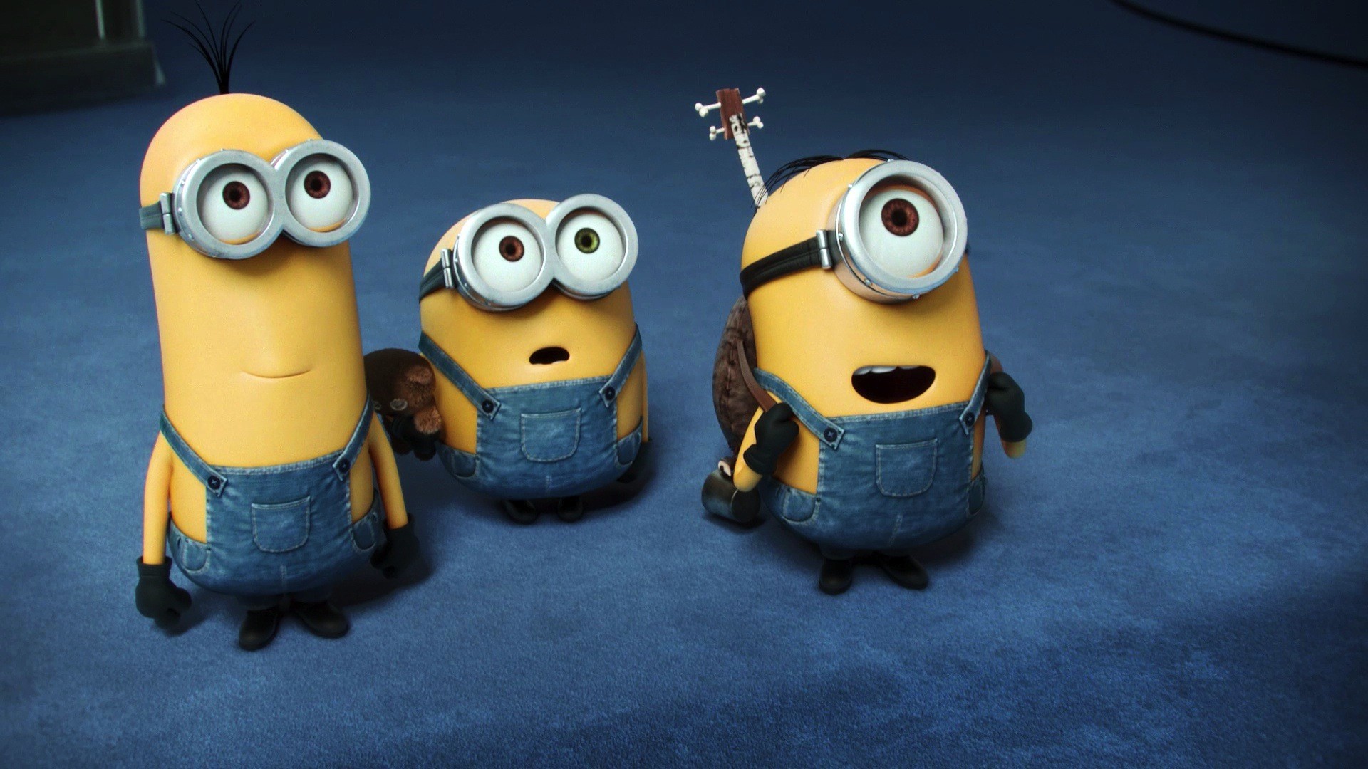 Minions, Kevin, Stuart, Bob, Ukulele, Sfondo blu, wallpaper Android