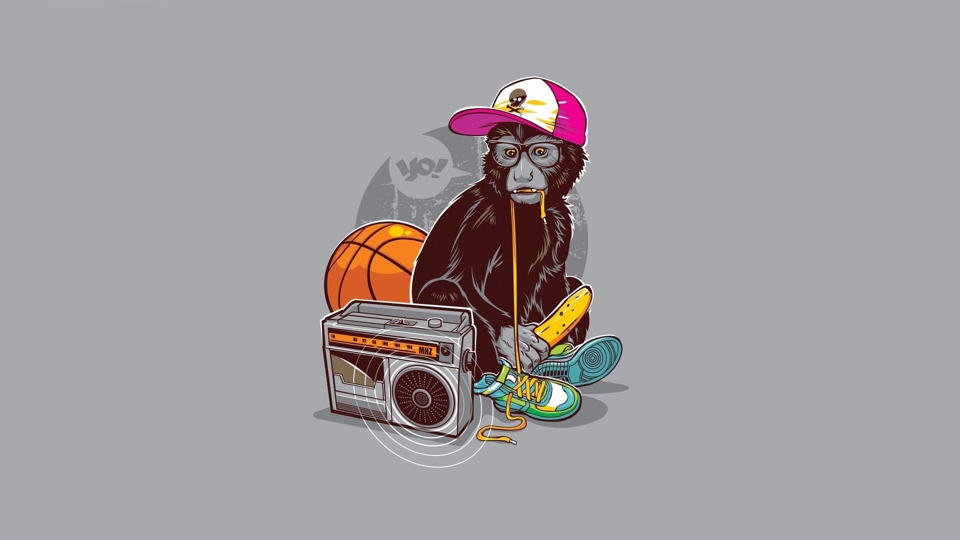 Scimmia, Boombox, Pallone da basket, Illustrazione, Full HD, wallpaper desktop