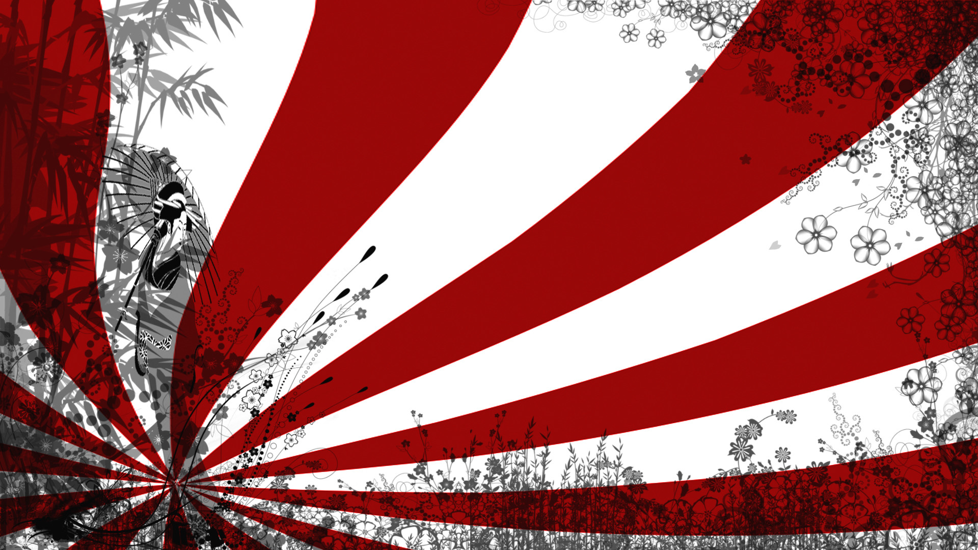 Sol Levante, Raggi rossi, Motivi floreali, Grafica, Rosso e bianco, sfondo widescreen Full HD