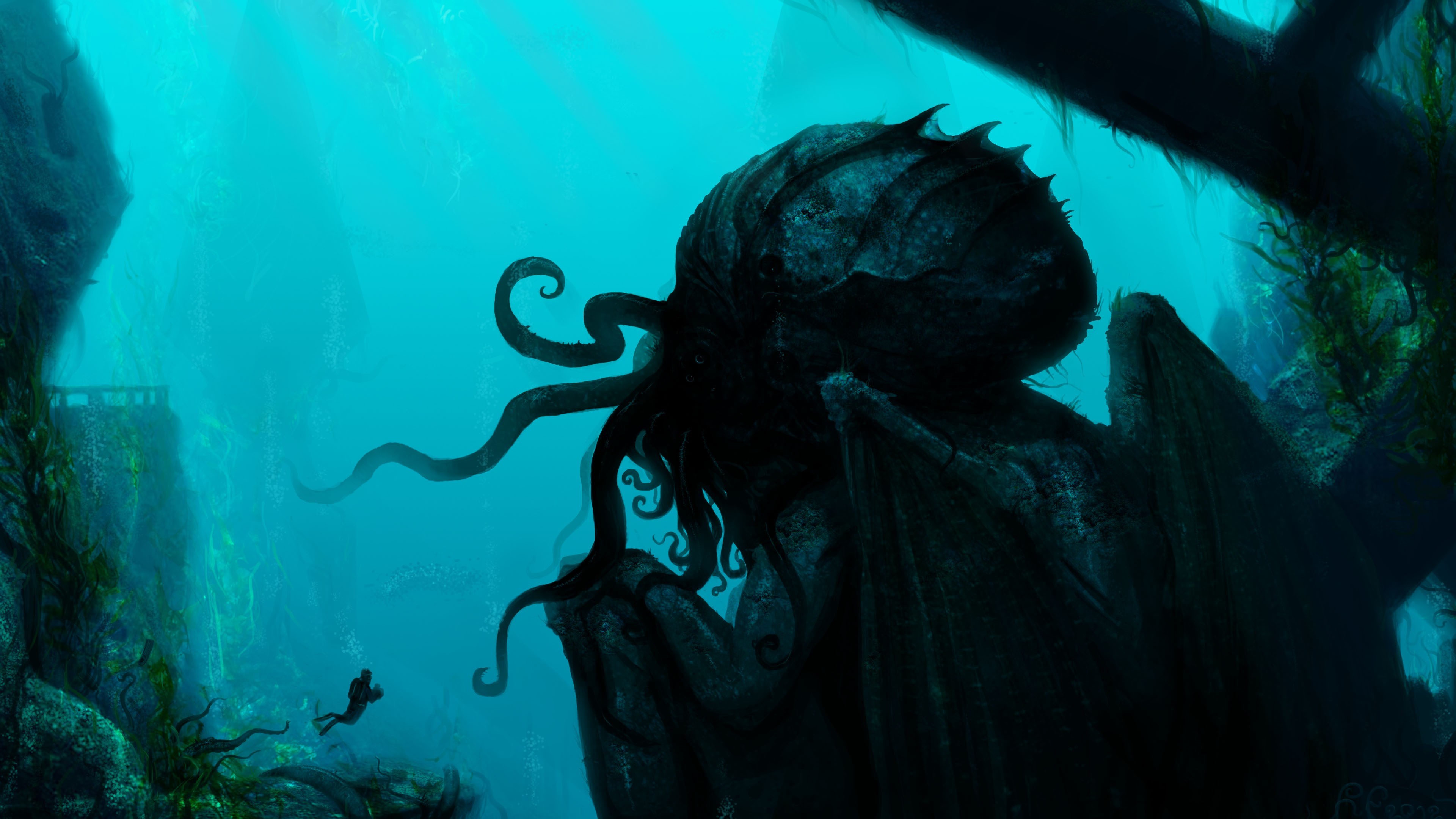 Cthulhu, H. P. Lovecraft, Sub, Rovine sommerse, Fantasy, 4K 2160p, sfondo desktop