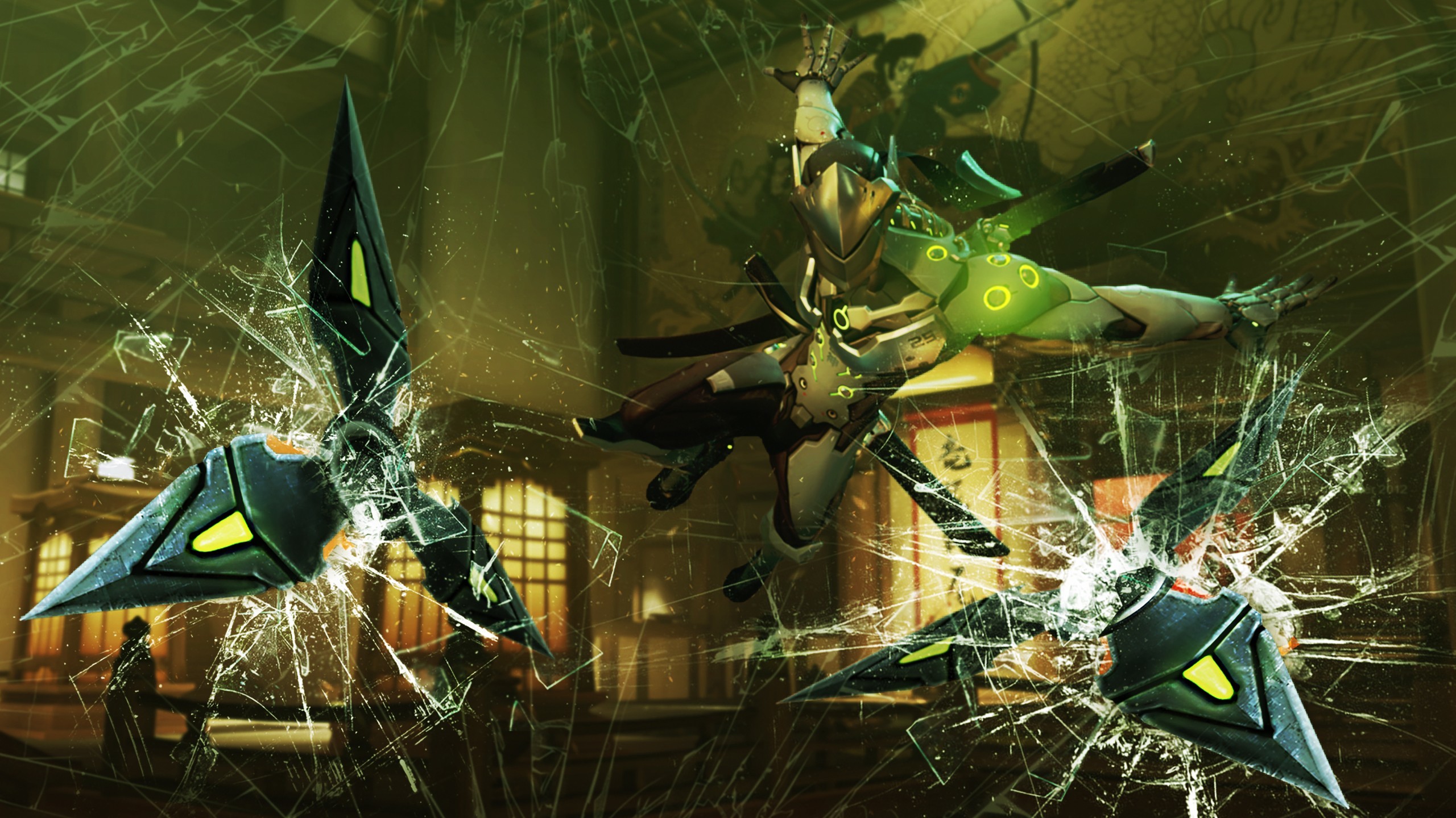Genji, Overwatch, Shuriken, Vetro rotto, 2K, sfondo per portatile