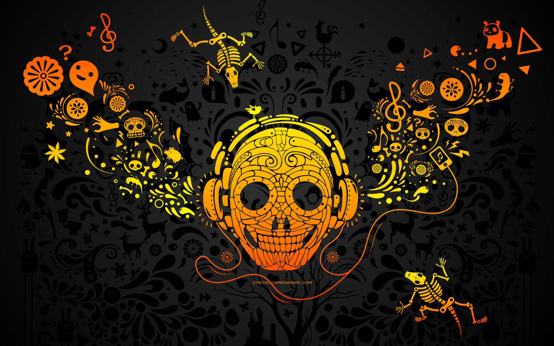 Teschio, Cuffie, Note musicali, Sfondo nero, Full HD, wallpaper per computer