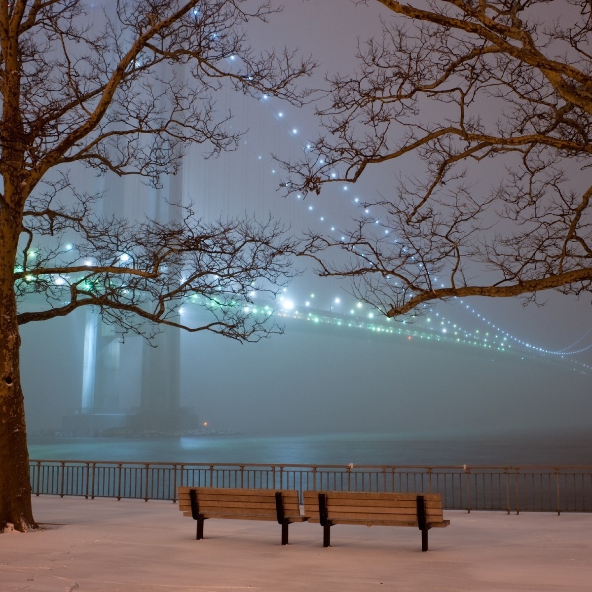 Bay Bridge, San Francisco, Neve, Panchina, Nebbia, Full HD, schermata di blocco iPad