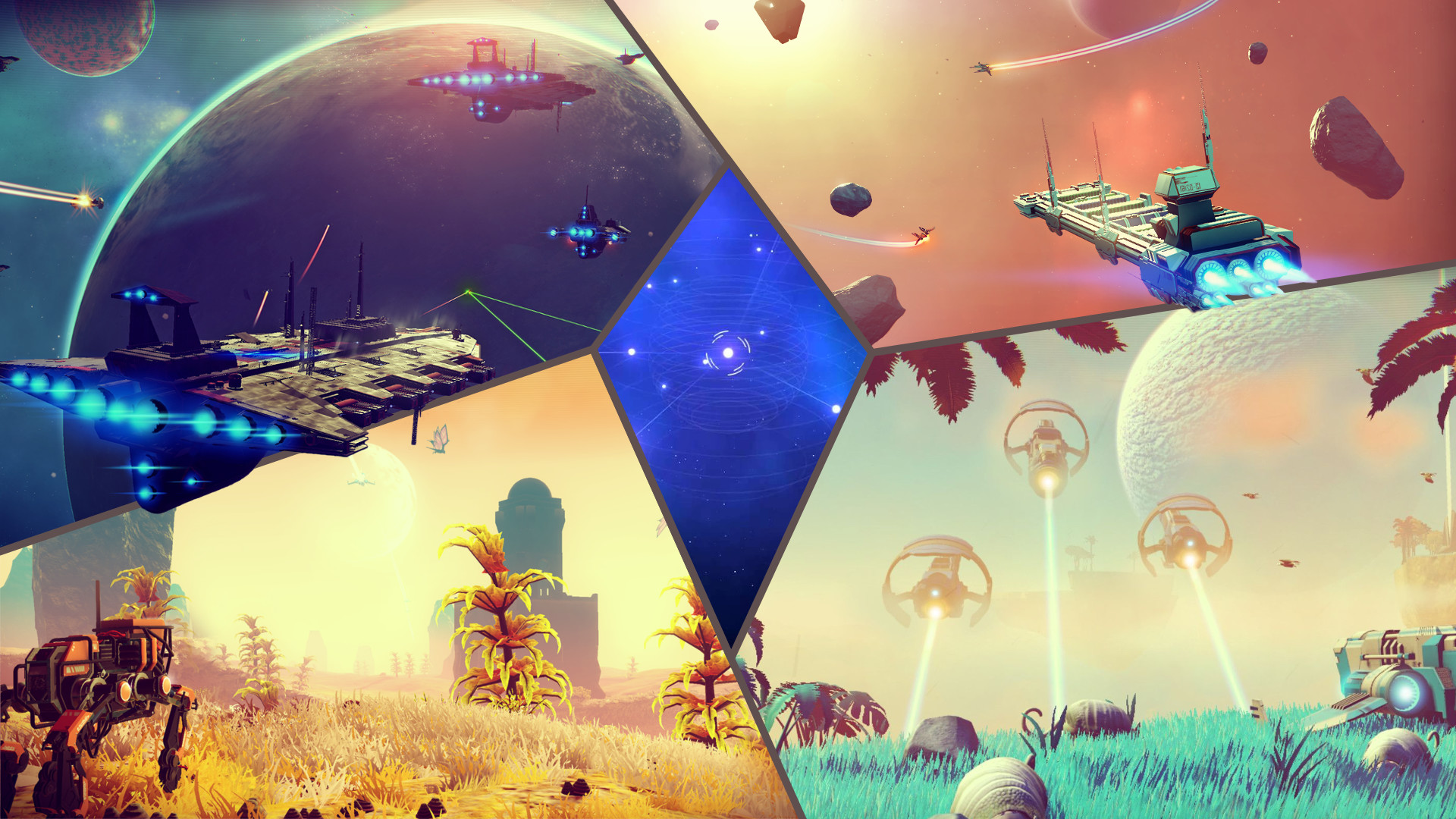 No Man's Sky, Atlas, Collage, Astronavi, Sentinelle, Full HD, wallpaper per portatile