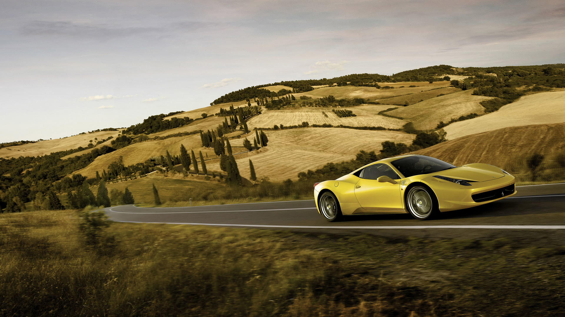 Ferrari 458 Italia, Ferrari, Toscana, Colline, Giallo, Full HD, sfondo desktop