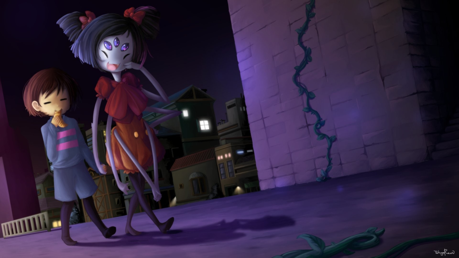 Frisk, Muffet, Undertale, Notte, 16:9 Full HD, sfondo widescreen