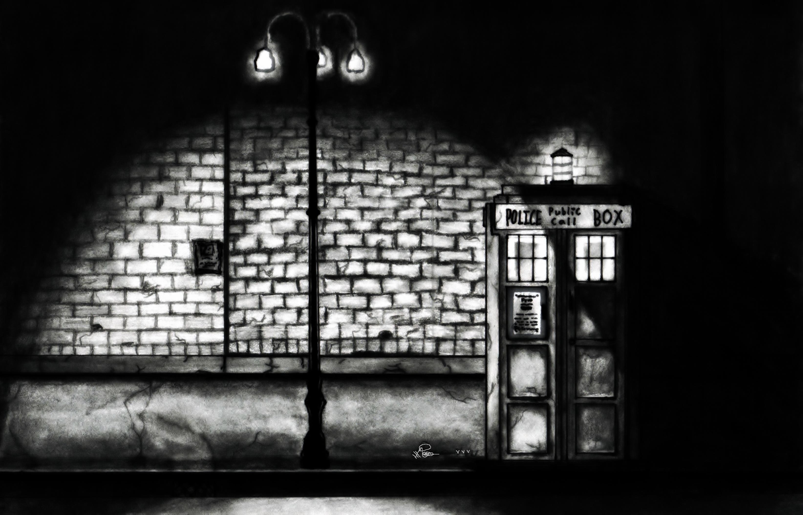 TARDIS, Doctor Who, Lampione, Muro di mattoni, Bianco e nero, 2K, sfondo per PC