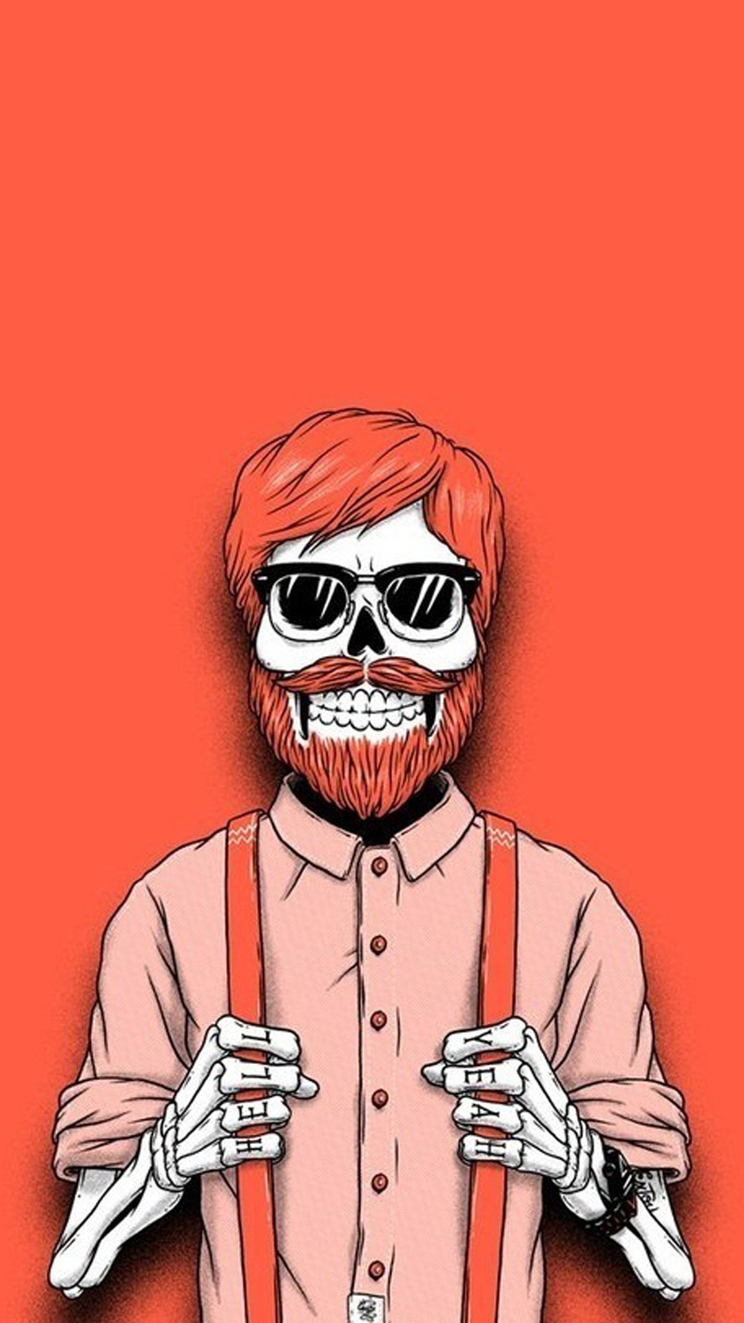 Teschio hipster, Barba rossa, Occhiali, Bretelle, Sfondo arancione, schermata di blocco iPhone