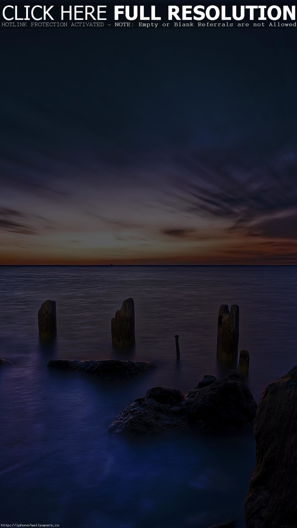 Mare, Pali di legno, Crepuscolo, Lunga esposizione, Full HD, sfondo Android