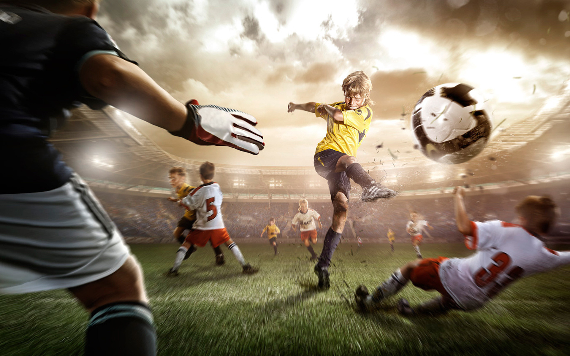Bambini, Partita di calcio, Portiere, Stadio, 1920x1200, sfondo per PC