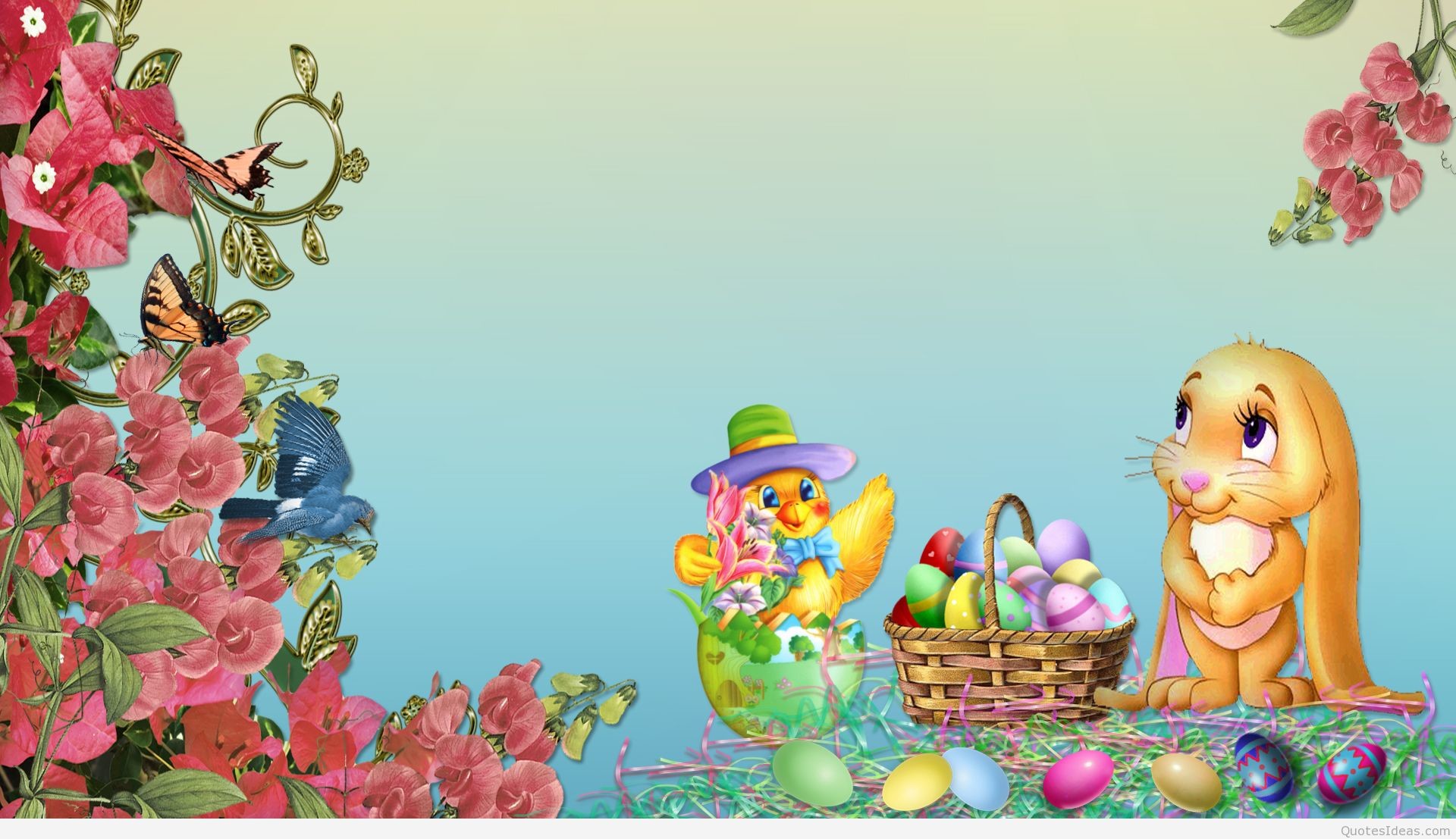 Coniglietto pasquale, Pulcino, Cestino pasquale, Illustrazione, Fiori rosa, sfondo Full HD per PC