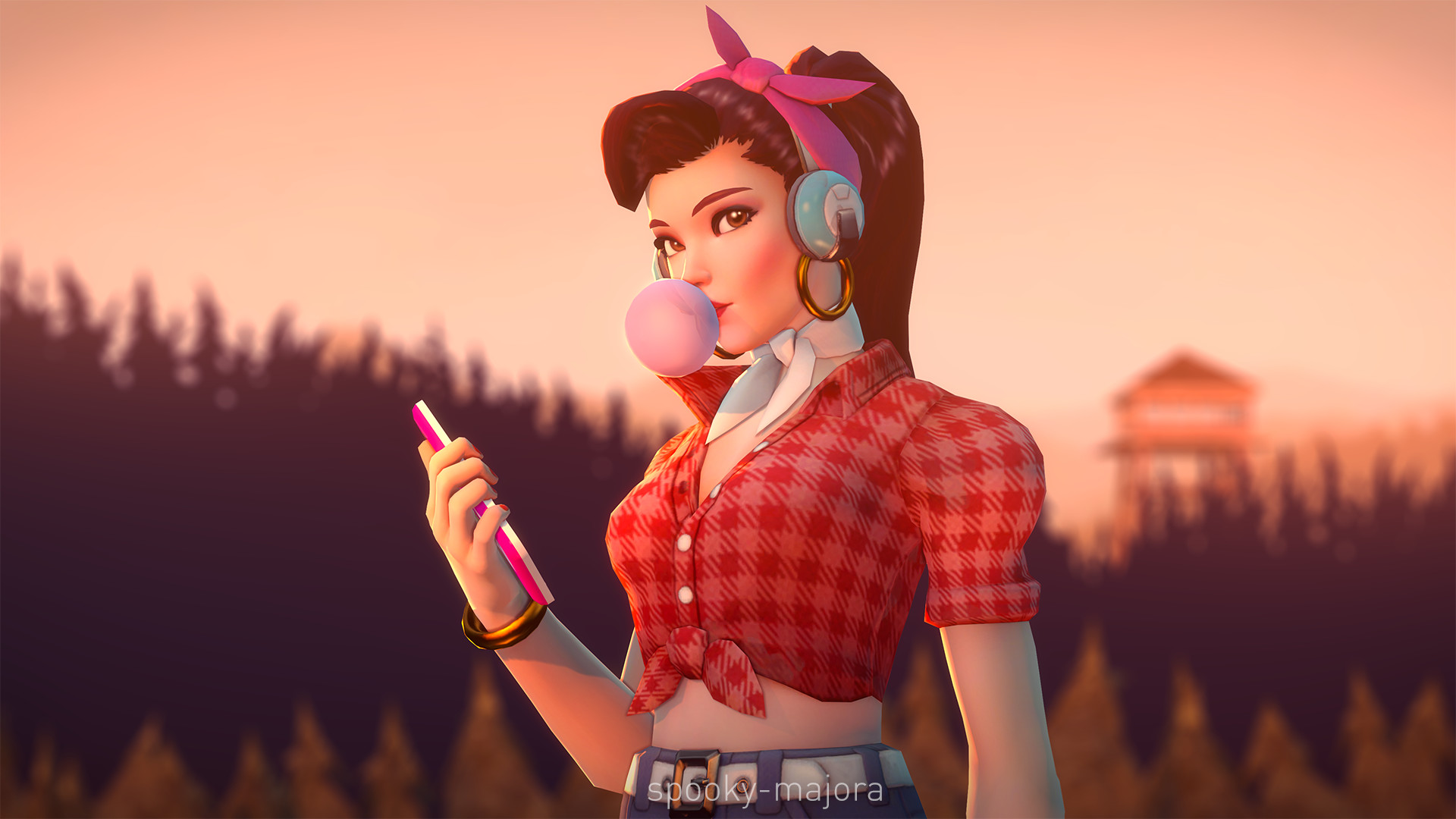 D.Va, Overwatch, Pin-up, Gomma da masticare, Tramonto, Full HD, sfondo per portatile