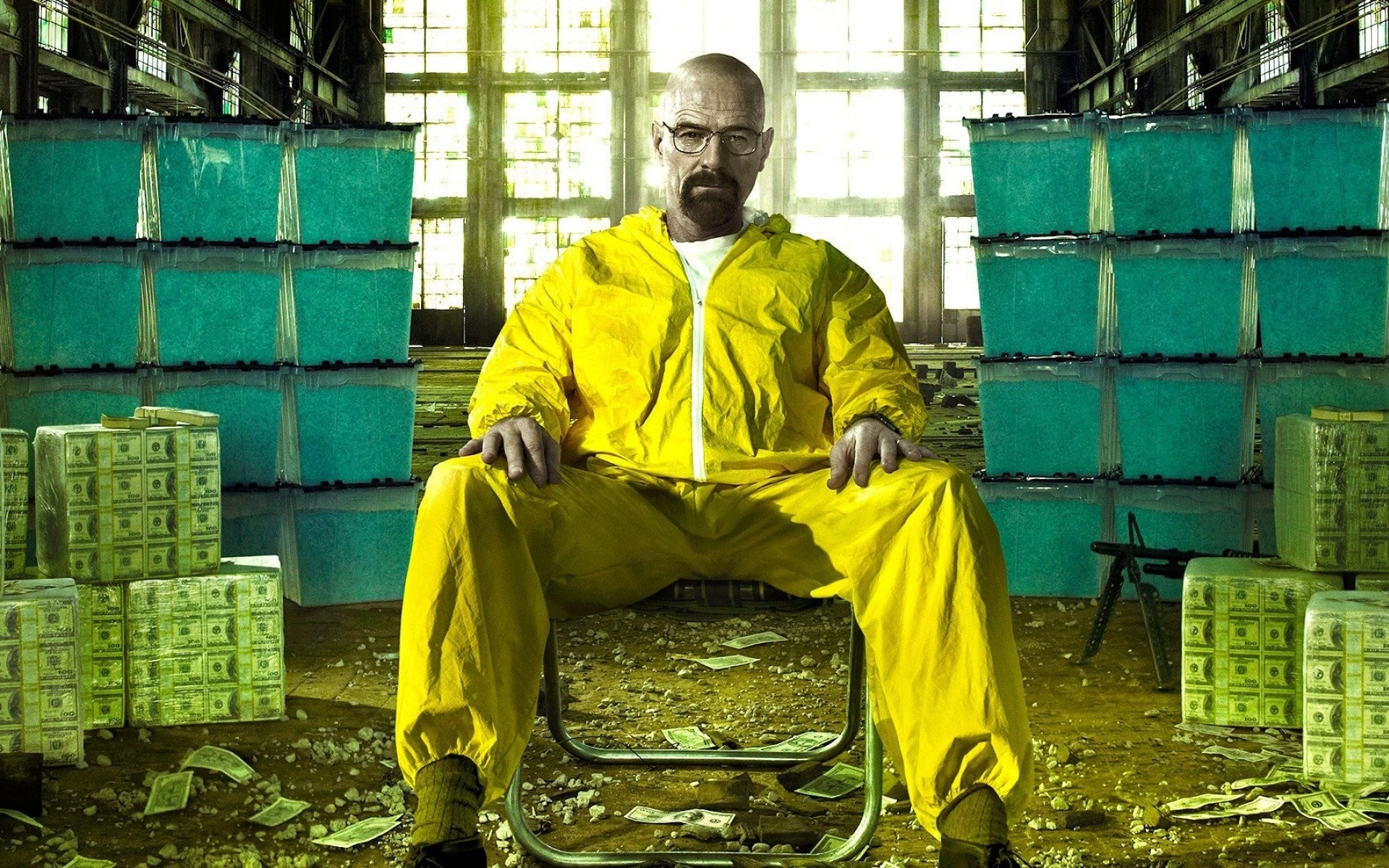 Walter White, Bryan Cranston, Breaking Bad, Tuta gialla, Banconote, Magazzino, sfondo Full HD