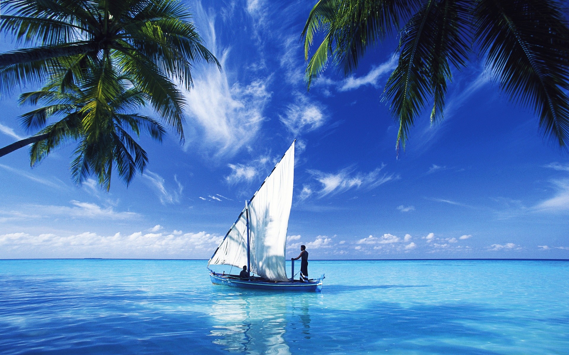Dhoni, Maldive, Barca a vela, Palme, Mare tropicale, Full HD, wallpaper per portatile